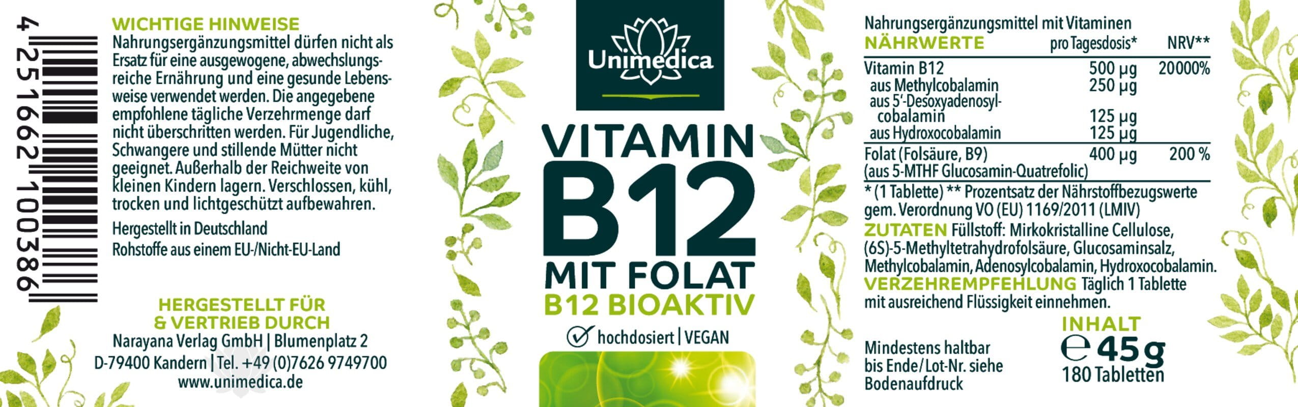 Vitamine B12 avec folate - 180 comprimés - par Unimedica