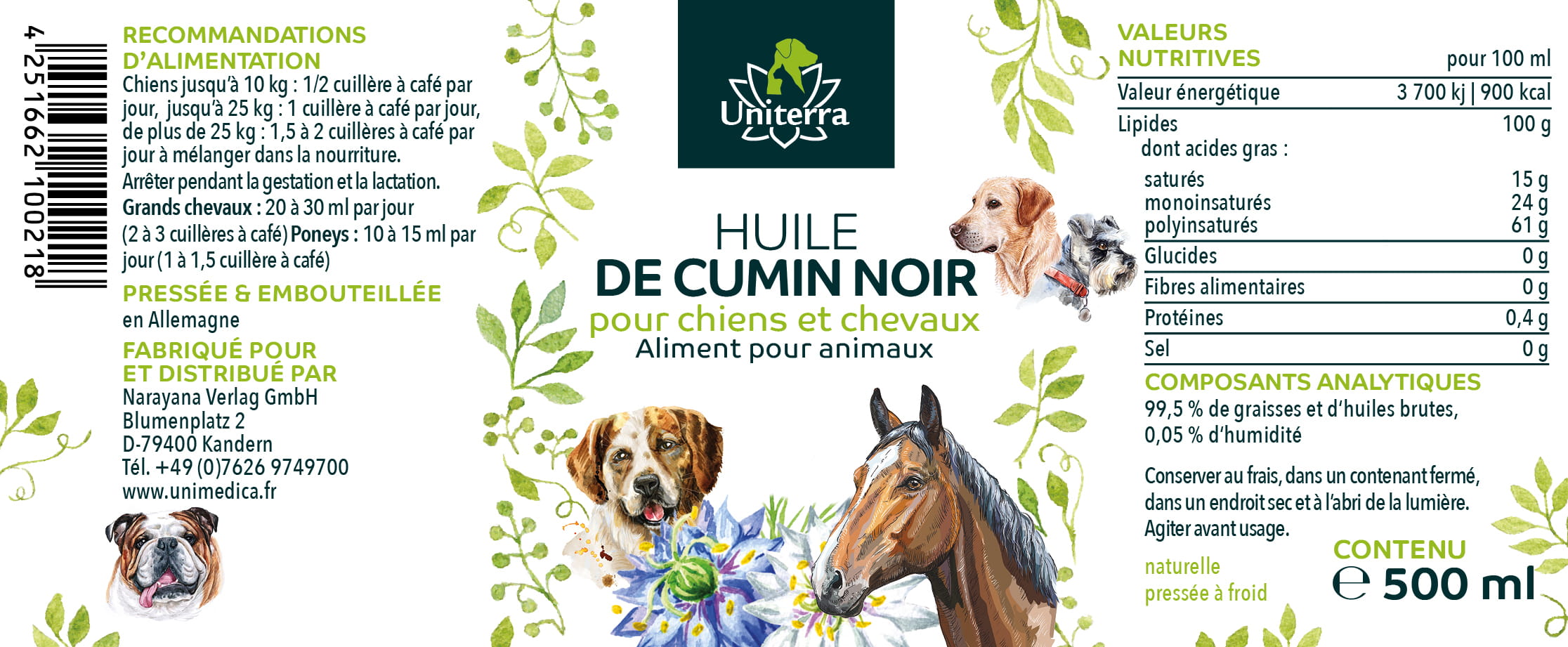 Huile de nigelle (cumin noir) pour chiens et chevaux - pressé à froid - 500 ml - d'Unimedica