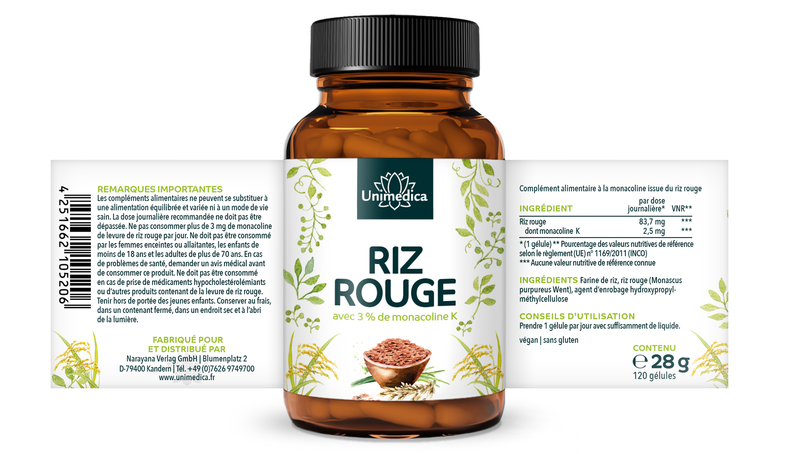 Riz rouge - levure de riz rouge obtenue par fermentation naturelle - avec 2,51 mg de monacoline K par dose journalière (1 gélule) - 120 gélules - par Unimedica
