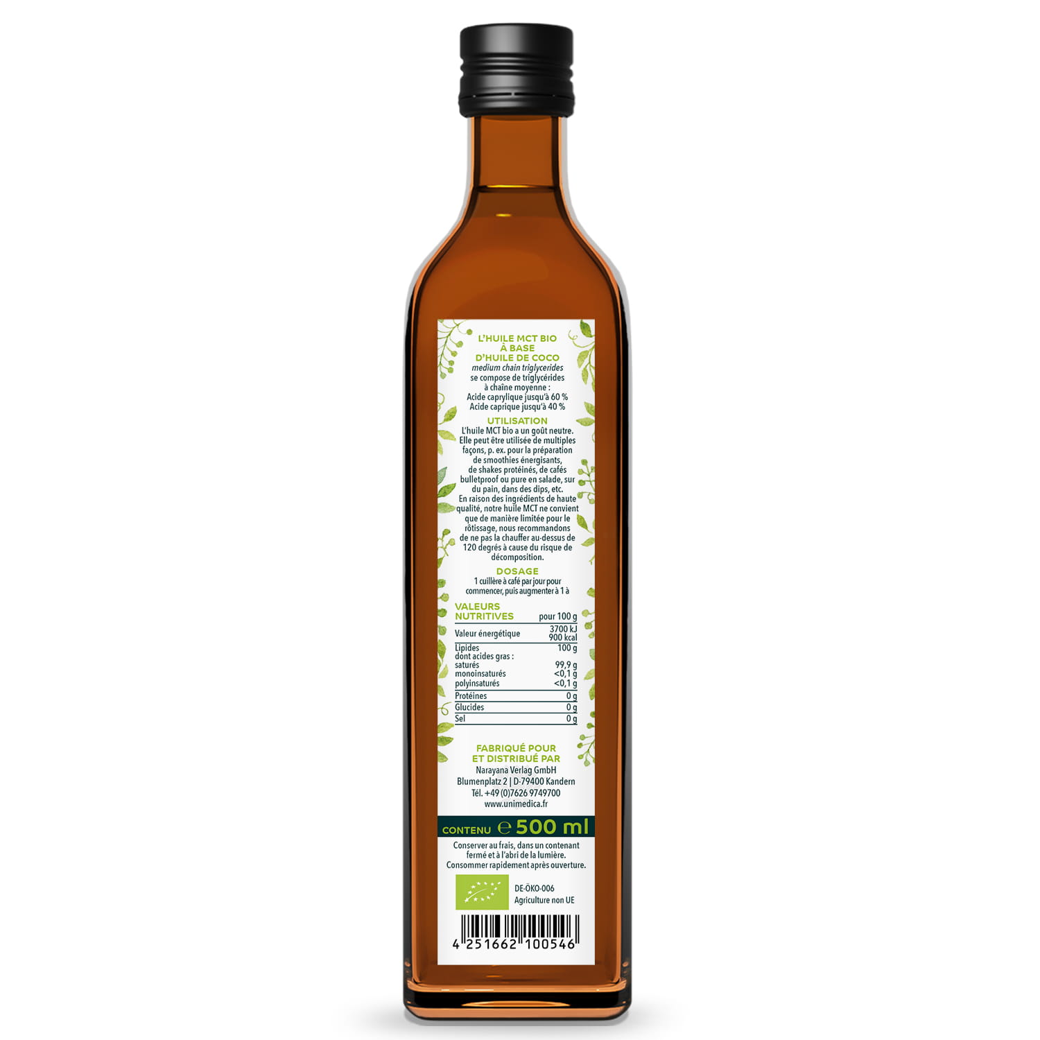 Huile MCT bio - C8 + C10 - 500 ml - d'Unimedica