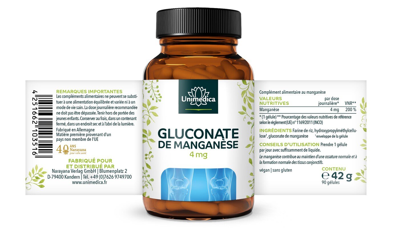 Lot de 2:  Manganèse - 4 mg gluconate de manganèse . 2 x 90 gélules - par Unimedica