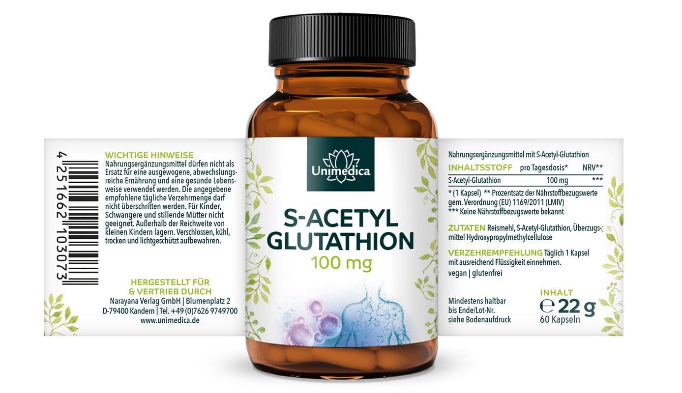 2er-Sparset: S-Acetyl-Glutathion - stabile Glutathionform - 100 mg pro Tagesdosis (1 Kapsel) - 2 x 60 Kapseln - von Unimedica