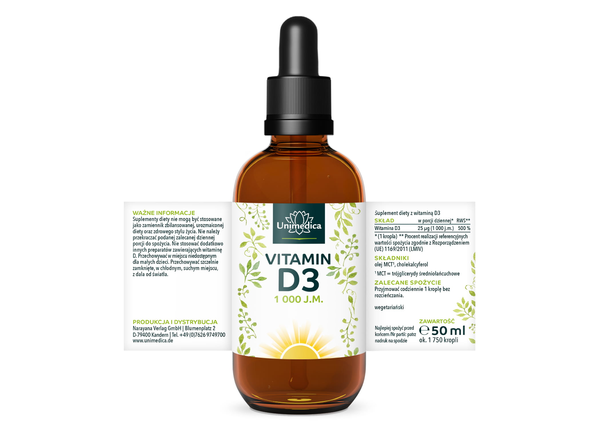 Witamina D3 krople - 1000 j.m. / 25 µg na dzienną dawkę - 50 ml - od Unimedica