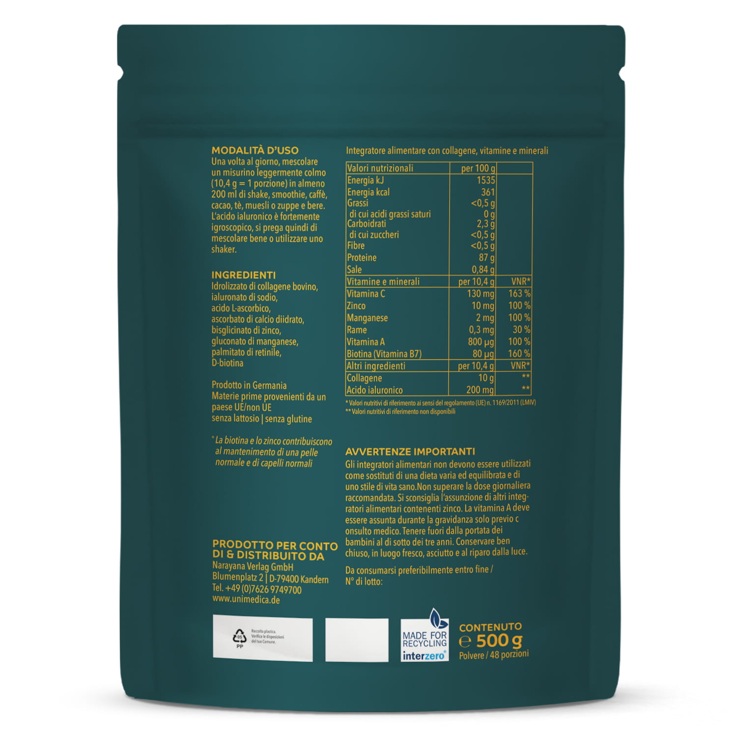 Uniglow Beauty Collagene - Complesso con collagene da animali alimentati con erba + Vitamina C, Biotina e Zinco - 500 g polvere - di Unimedica