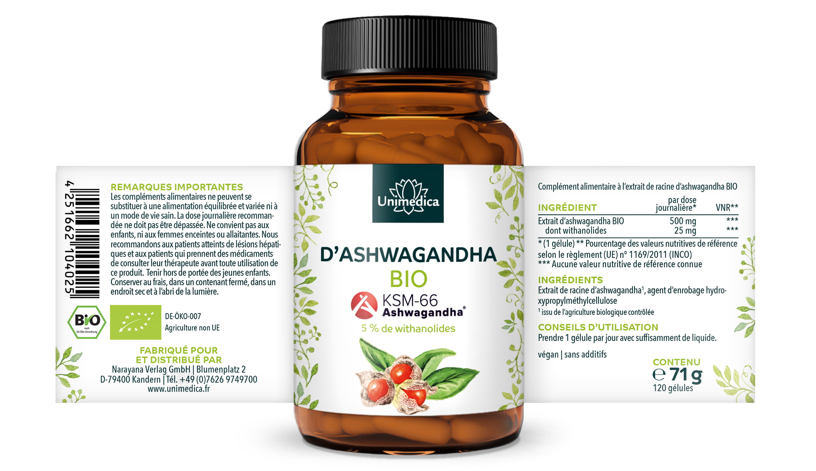 Lot de 2: Ashwagandha BIO KSM-66  dose journalière 500 mg, hautement dosé  5 % de withanolides - 2 x 120 gélules - par Unimedica
