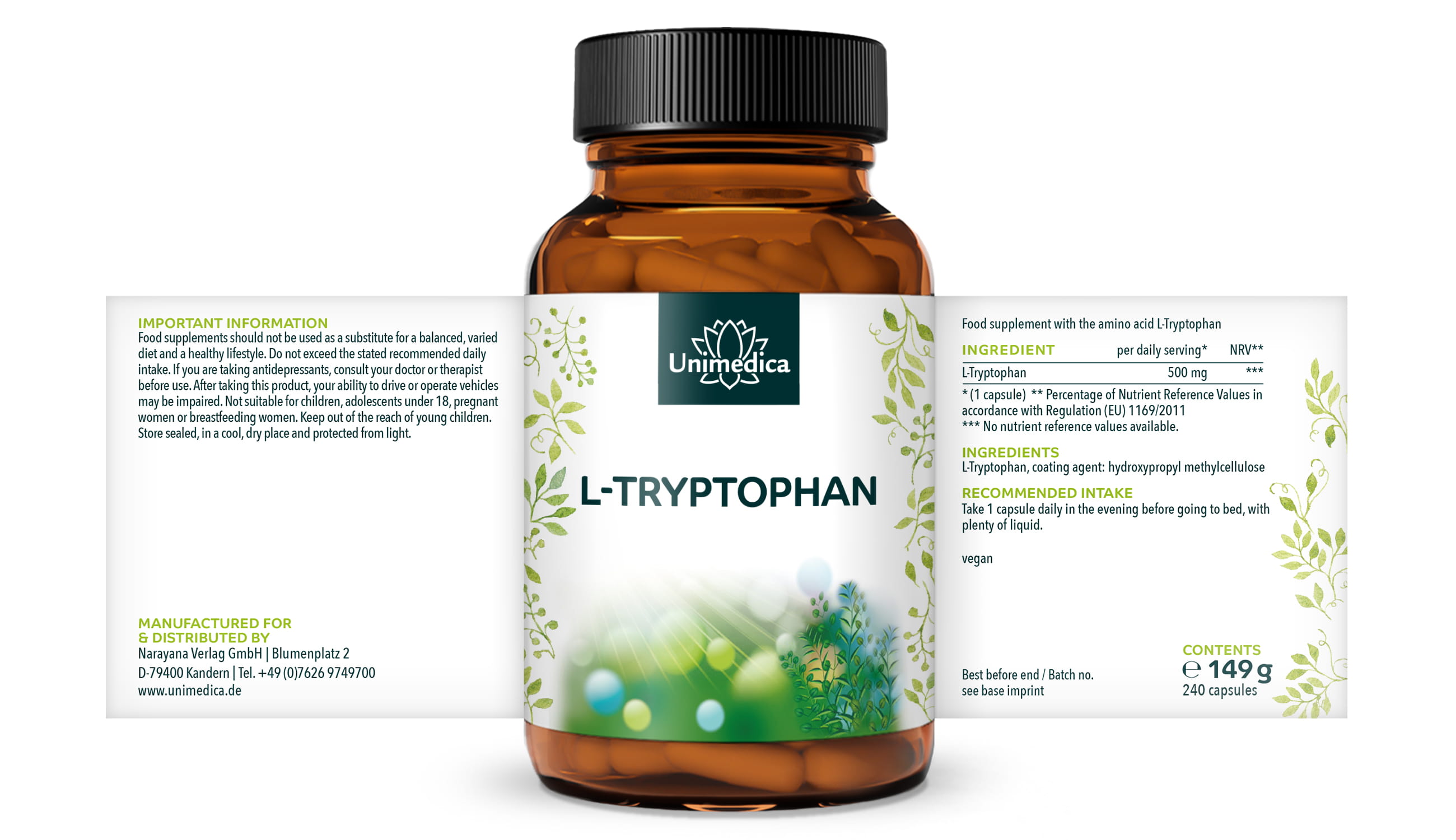 L-Tryptophan - 500 mg per daily dose (1 capsule) - 240 capsules - by Unimedica