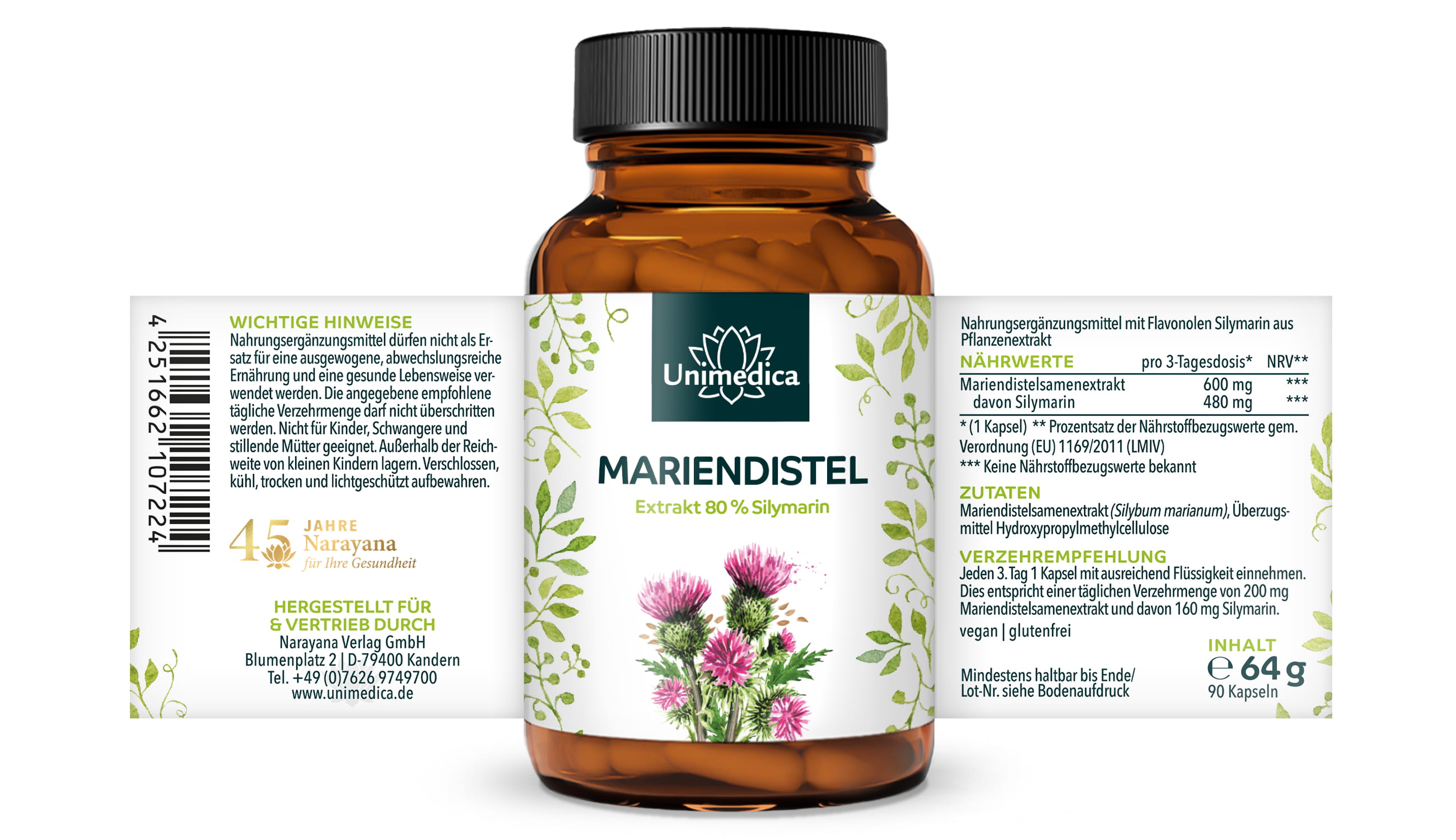 Mariendistel-Extrakt - 480 mg Silymarin pro 3-Tagesdosis (1 Kapsel) - 90 Kapseln - von Unimedica