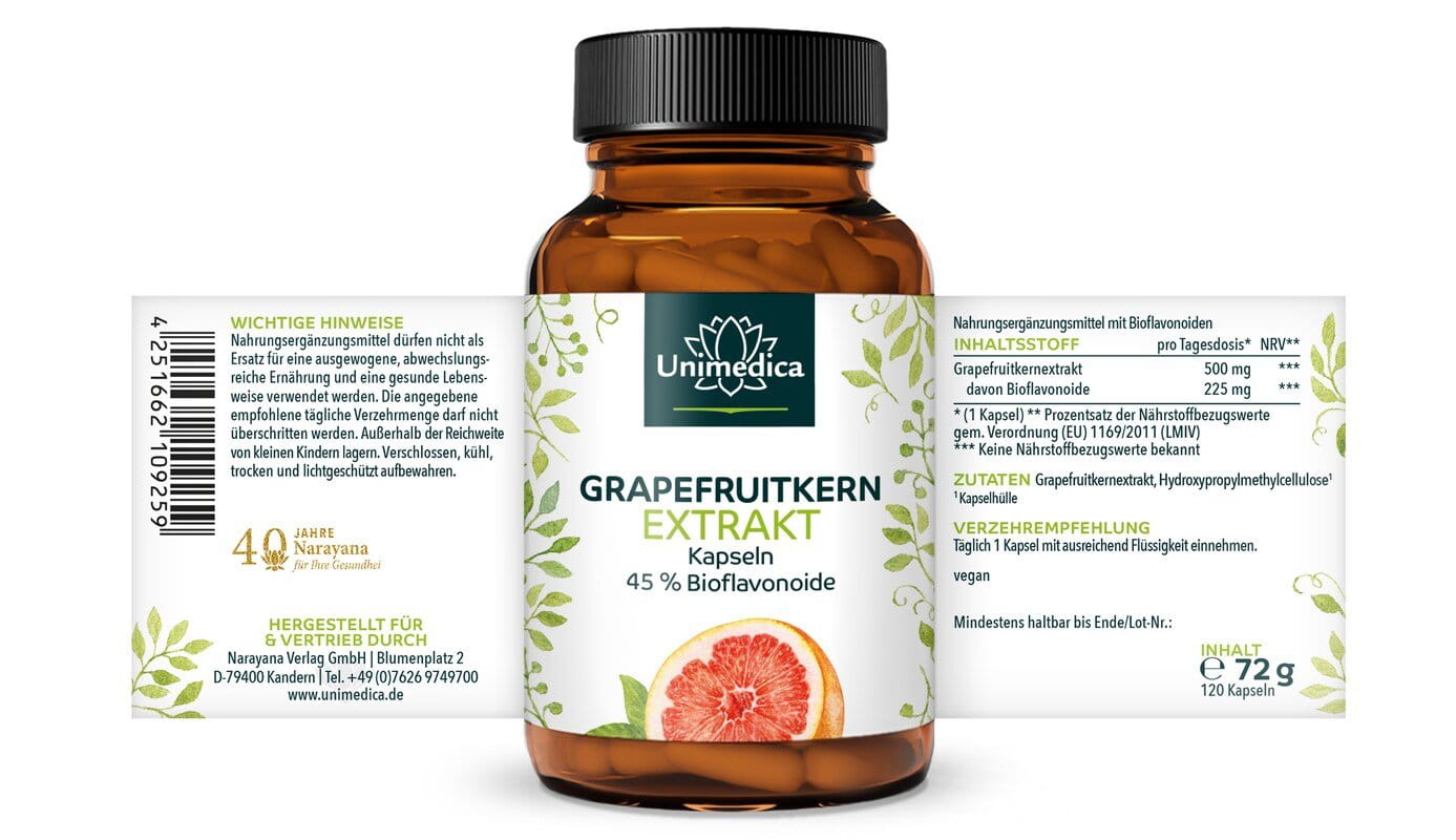 Grapefruitkernextrakt - 500 mg pro Tagesdosis (1 Kapsel) - 120 Kapseln - von Unimedica