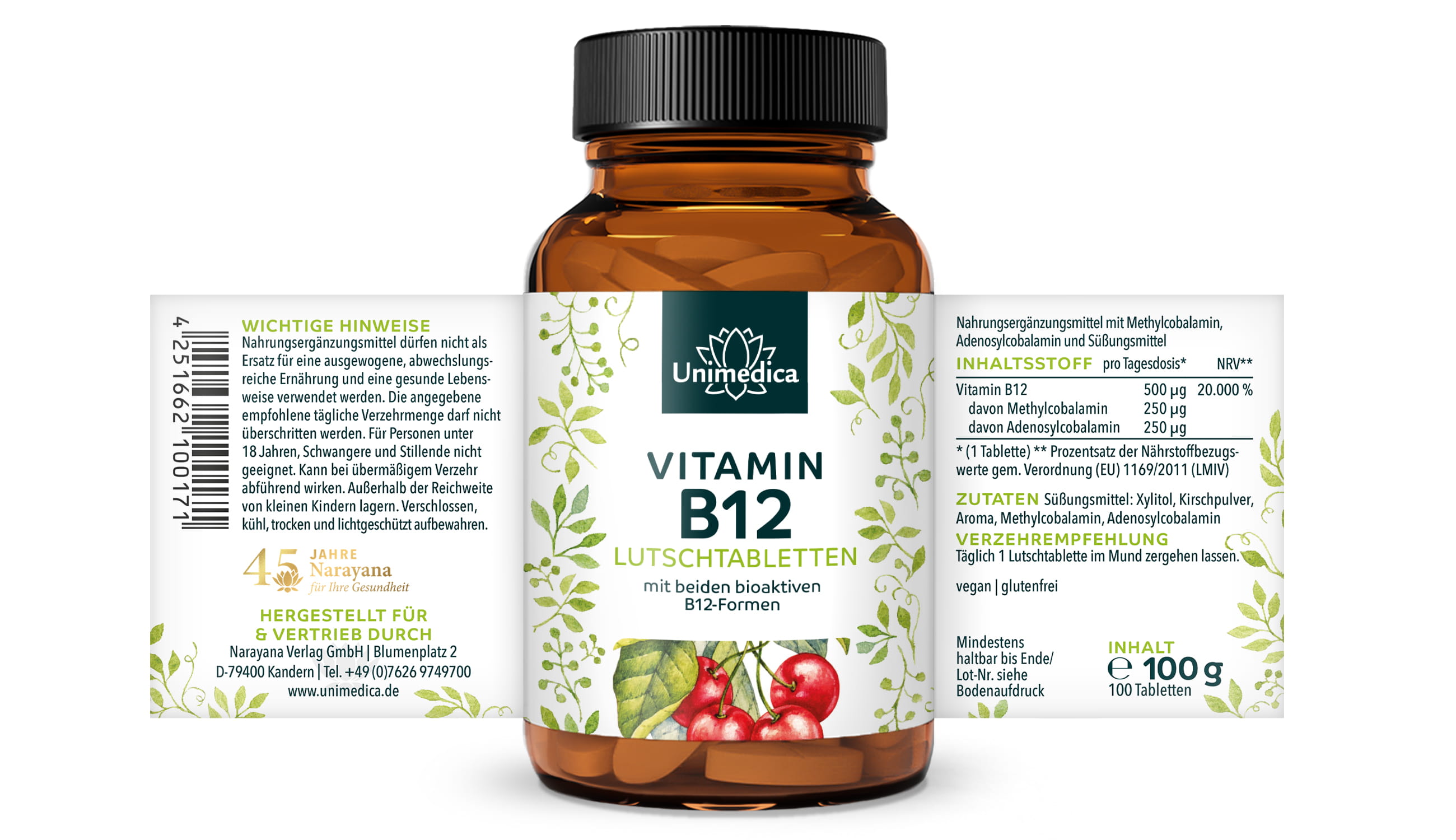 Vitamin B12 - 500 µg pro Tagesdosis (1 Tablette) - 100 Lutschtabletten - von Unimedica