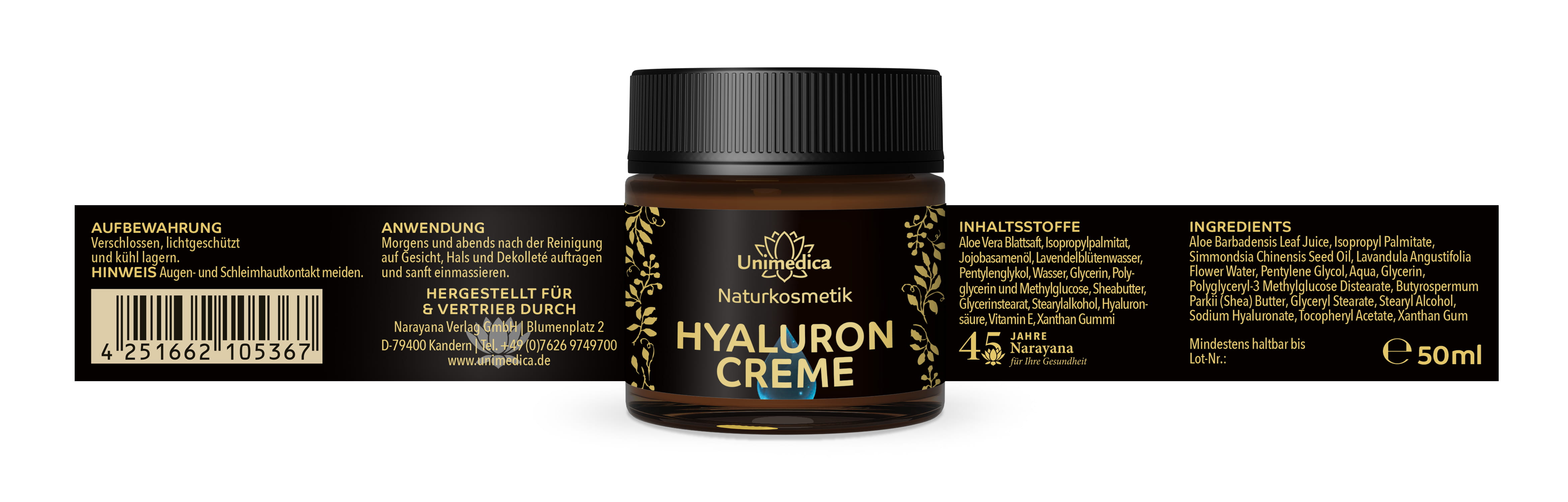 Hyaluron Creme - mit Aloe vera-Blattsaft, Hyaluronsäure und Lavendel - 50 ml - von Unimedica