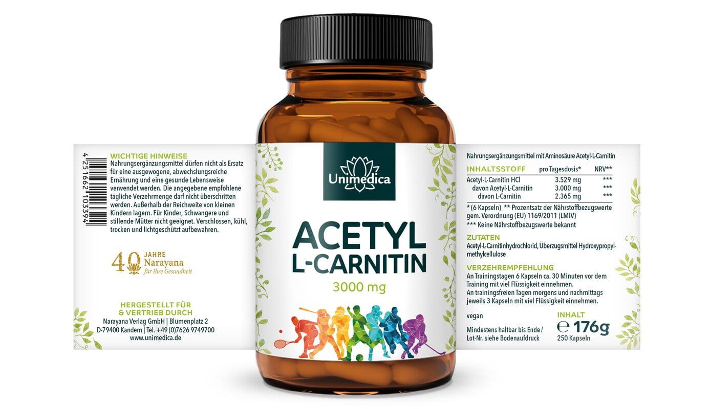 Acetyl L-Carnitin - 3.000 mg pro Tagesdosis (6 Kapseln) - 250 Kapseln - von Unimedica