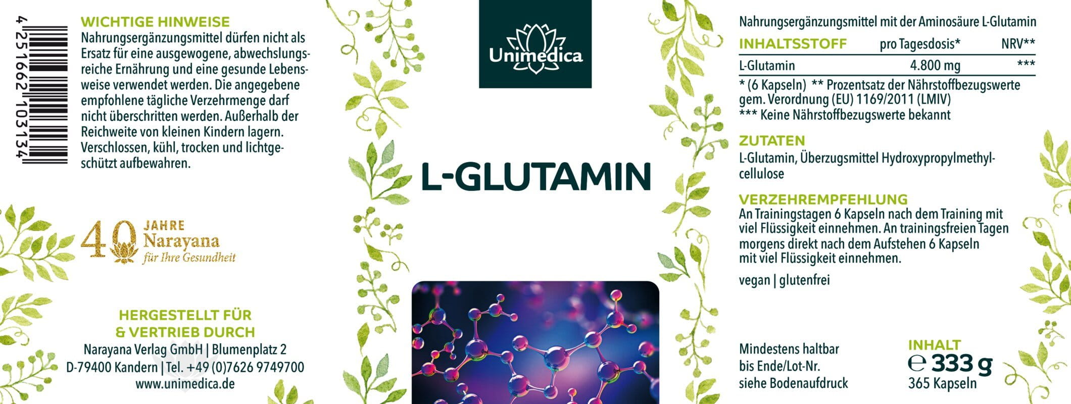 Glutamin - hochdosiert aus Fermentation - 4.800 mg L-Glutamin pro Tagesdosis (6 Kapseln) - 365 Kapseln - von Unimedica