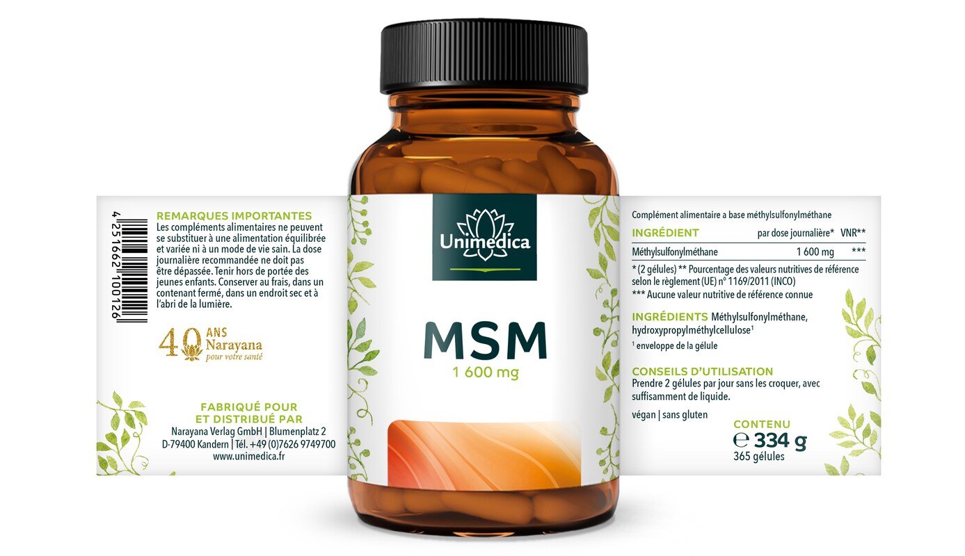 Gélules MSM - 1600 mg par dose journalière - 365 gélules - Unimedica