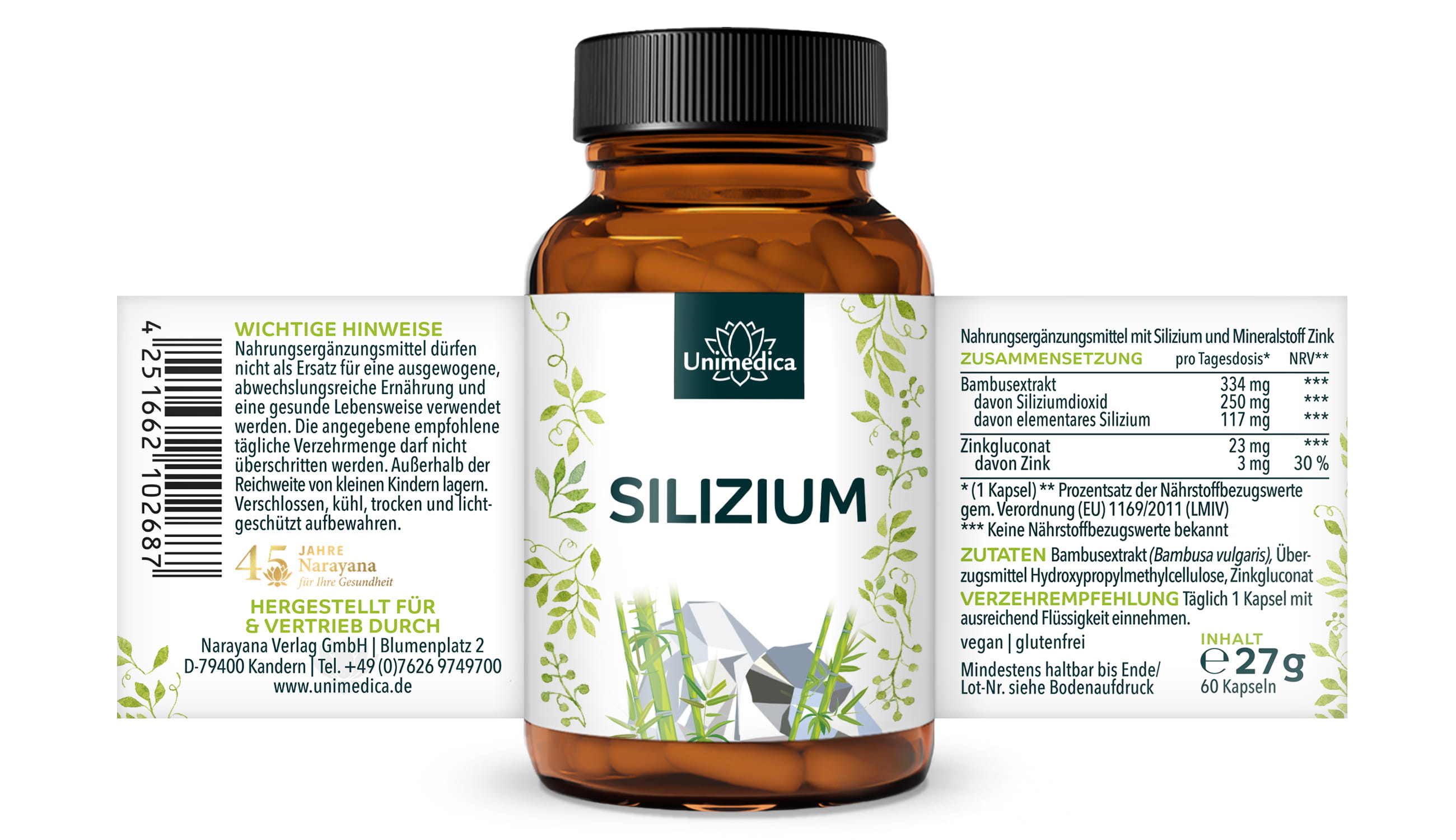 Silizium aus Bambusextrakt mit Zink - 250 mg Silizium pro Tagesdosis (1 Kapsel) - 60 Kapseln - von Unimedica