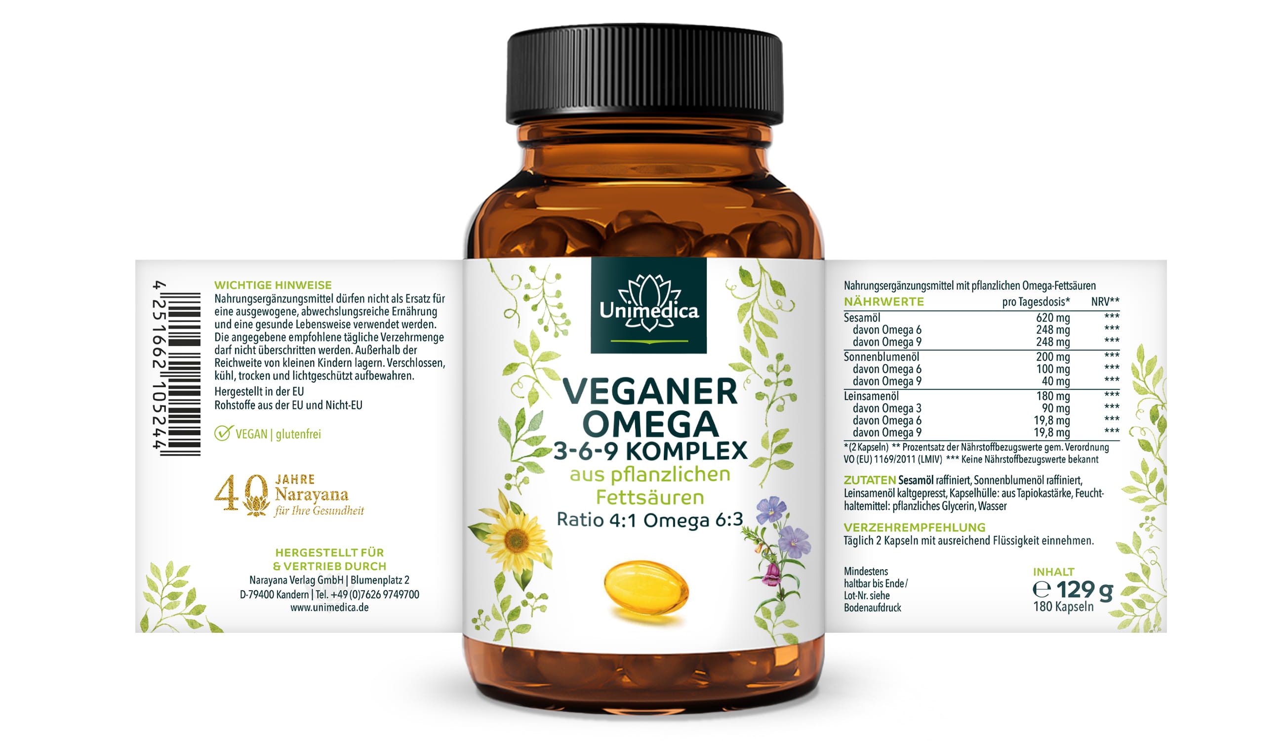 Veganer Omega 3-6-9 Komplex - aus pflanzlichen Omega-Fettsäuren - 180 Softgelkapseln - vegan - von Unimedica