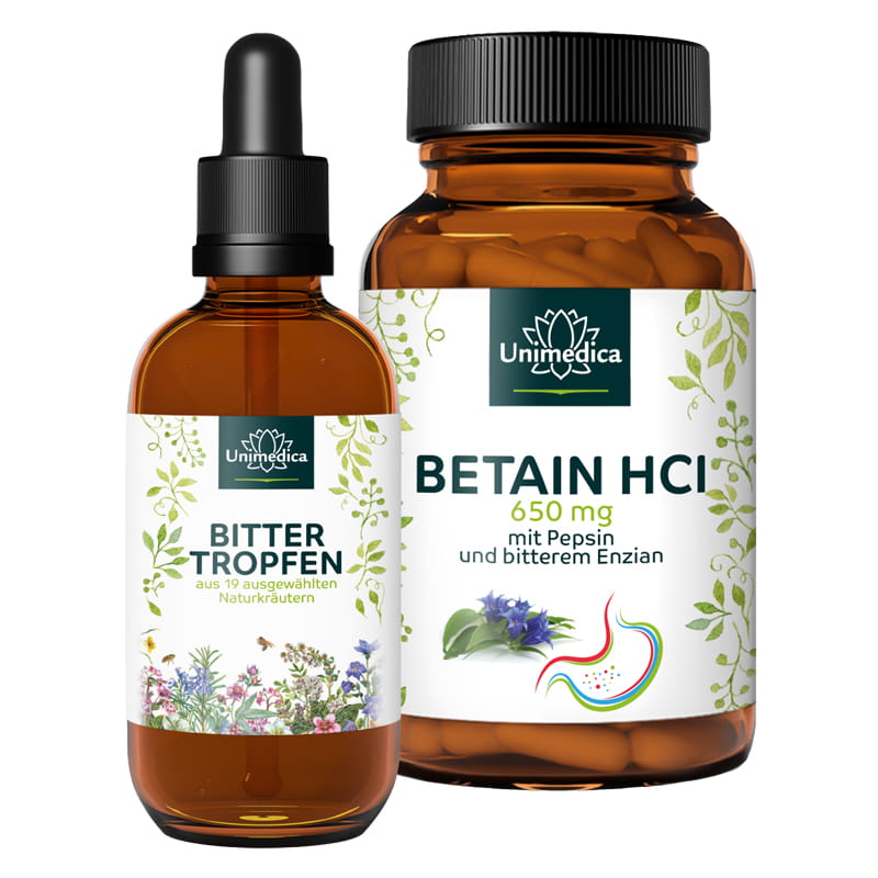 Set: Betain HCl + Bittertropfen - 120 Kapseln + 100 ml - von Unimedica