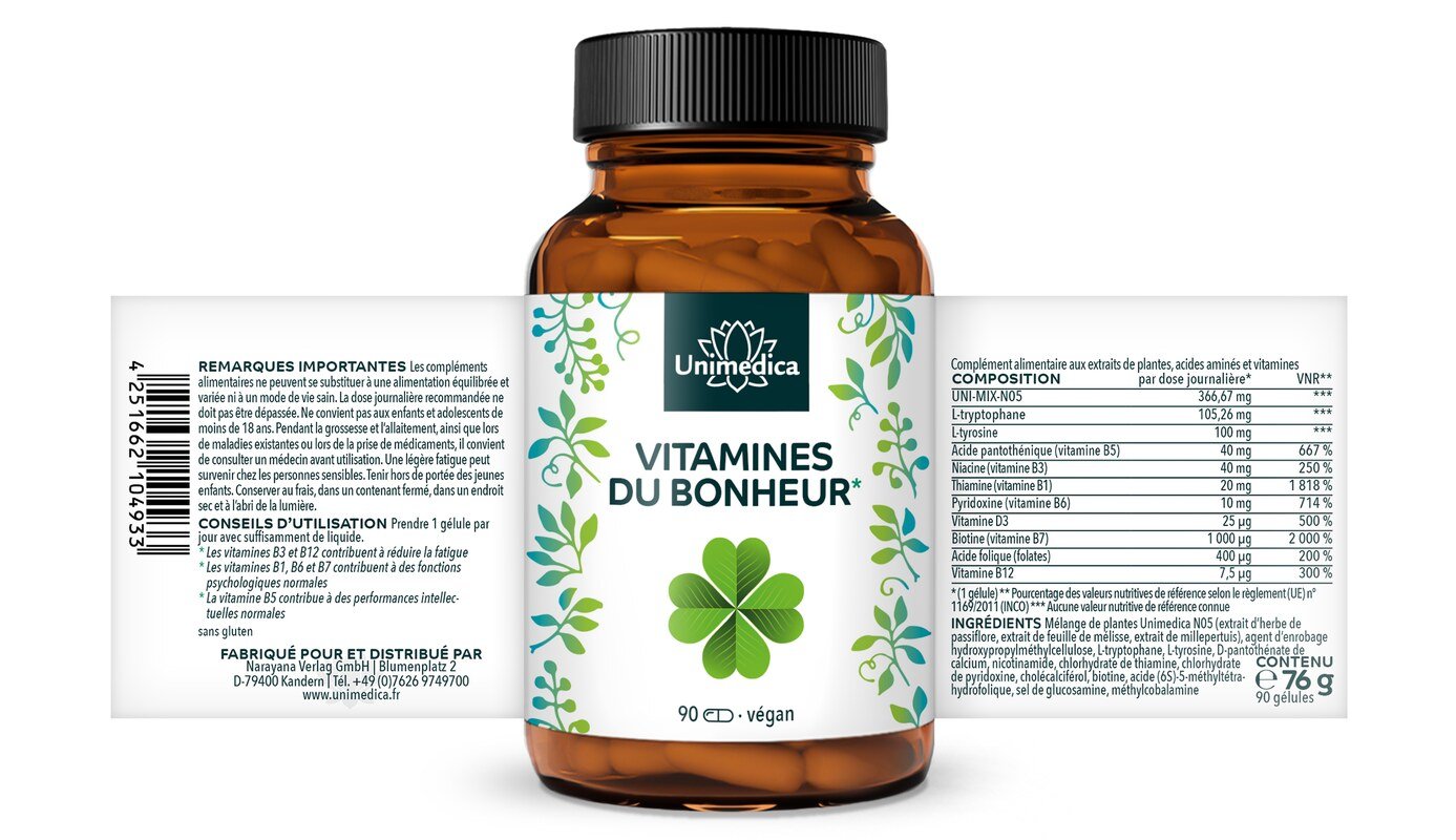 Vitamines du bonheur* - avec du millepertuis, de la passiflore, du tryptophane et de la tyrosine - 90 gélules - par Unimedica