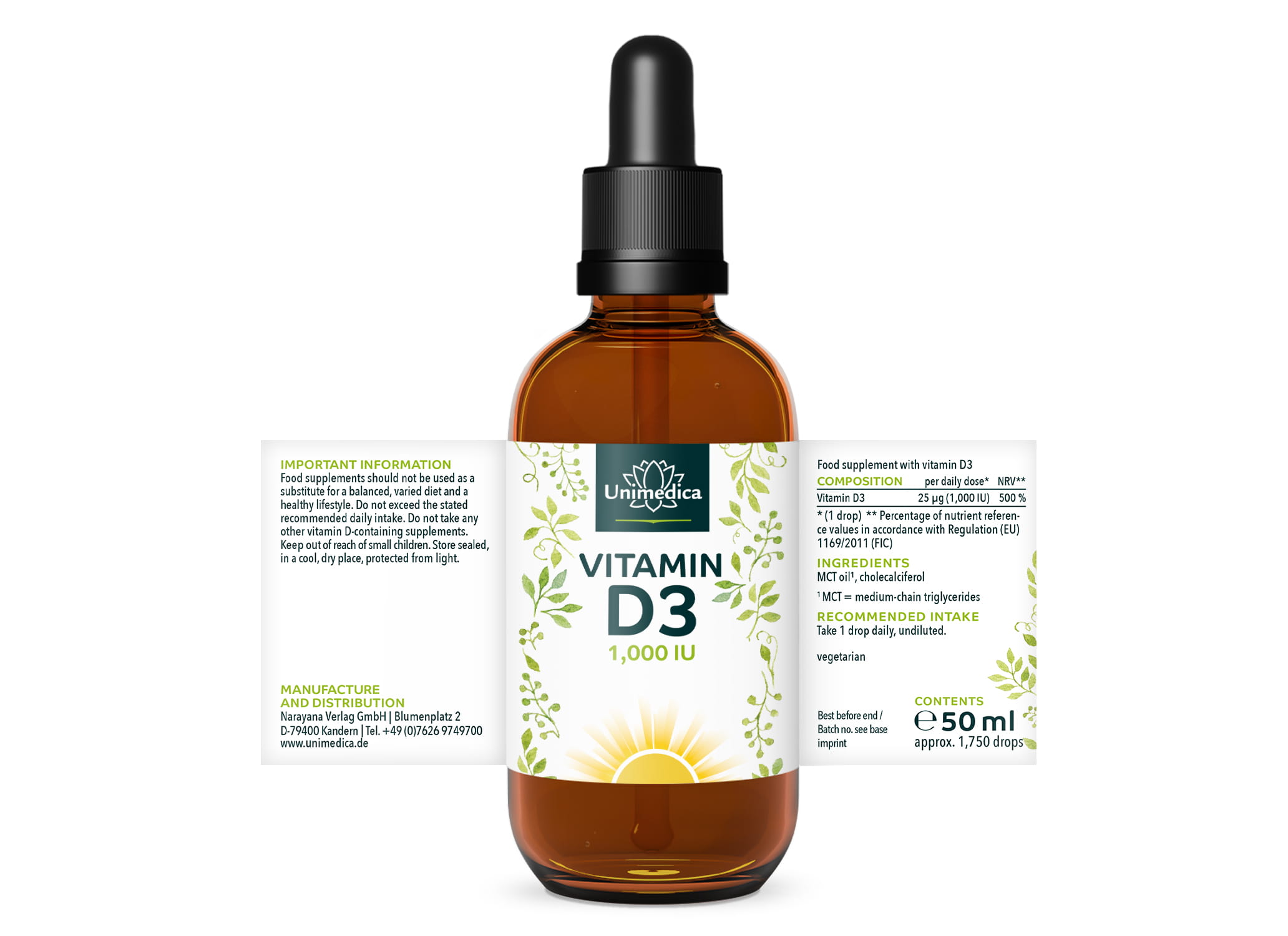 Vitamin D3 Drops - 1000 I.U./25 µg per daily dose - from Unimedica - 50 ml