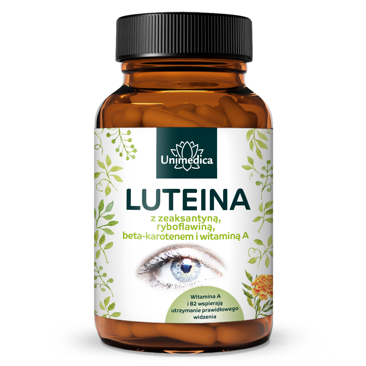 Luteina - z zeaksantyną + witaminą B2 + beta-karotenem + witaminą A - 90 kapsułek - od Unimedica