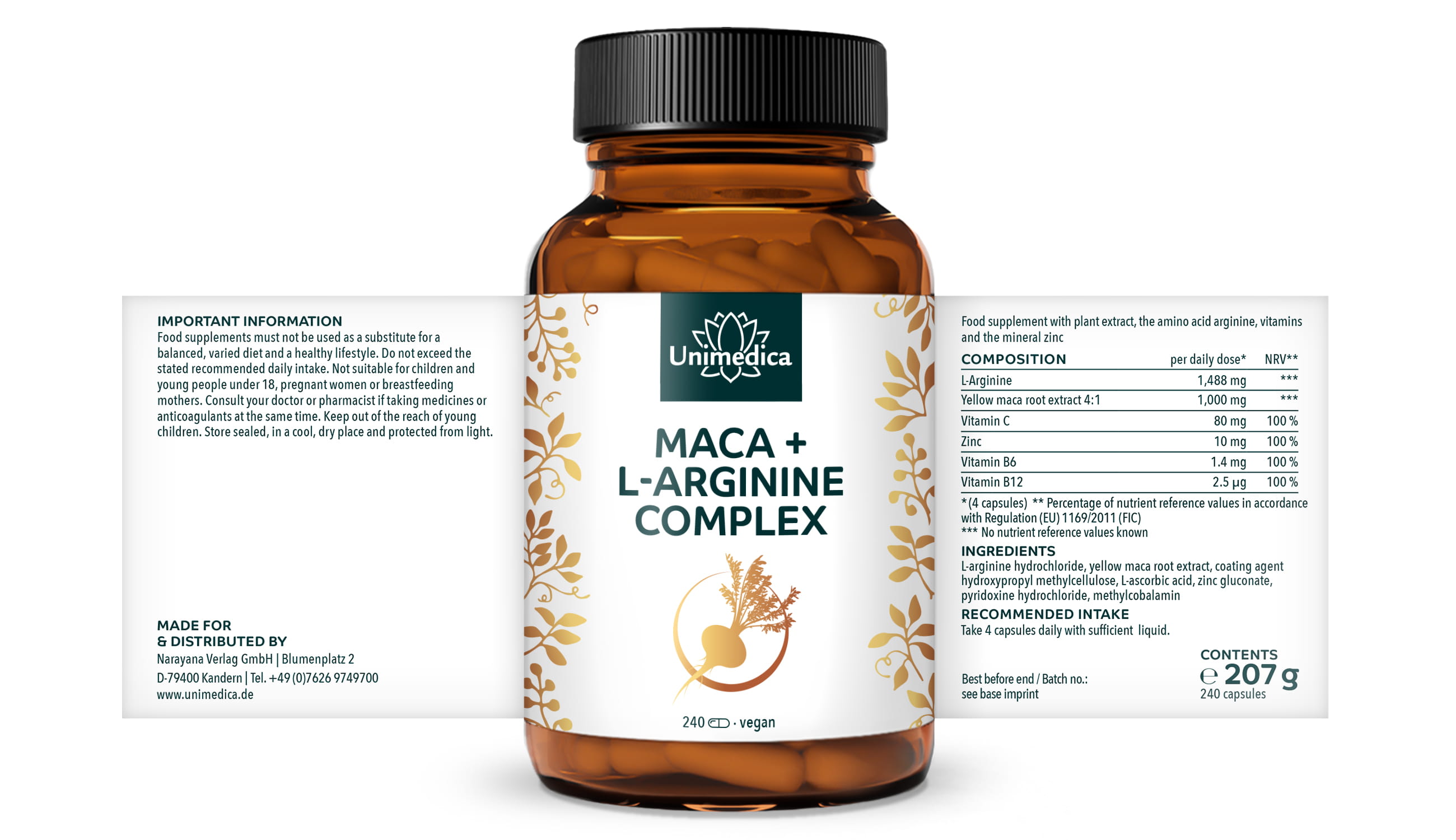 Maca + L-Arginine Complex - high potency - 240 capsules - by Unimedica