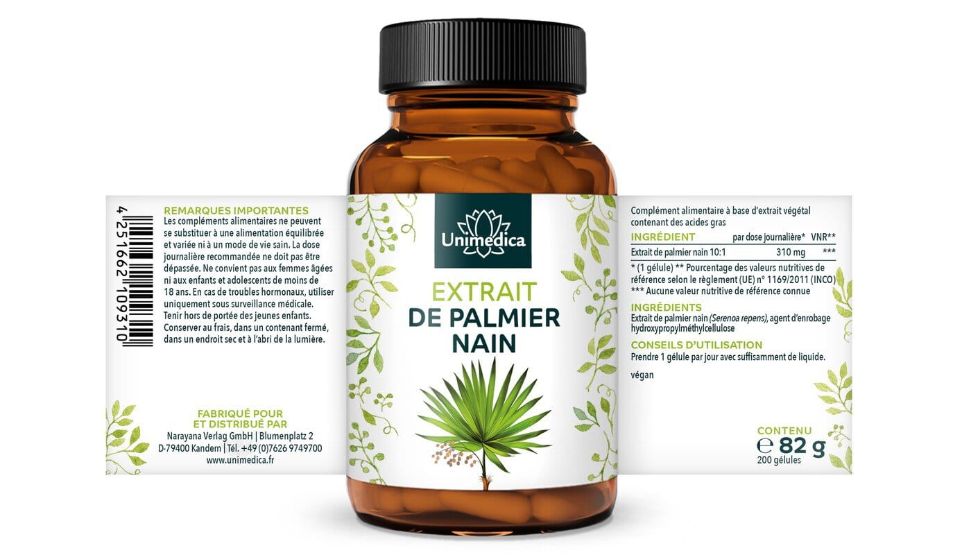 Extrait de palmier nain  310 mg par dose journalière (1 gélule)  200 gélules  par Unimedica