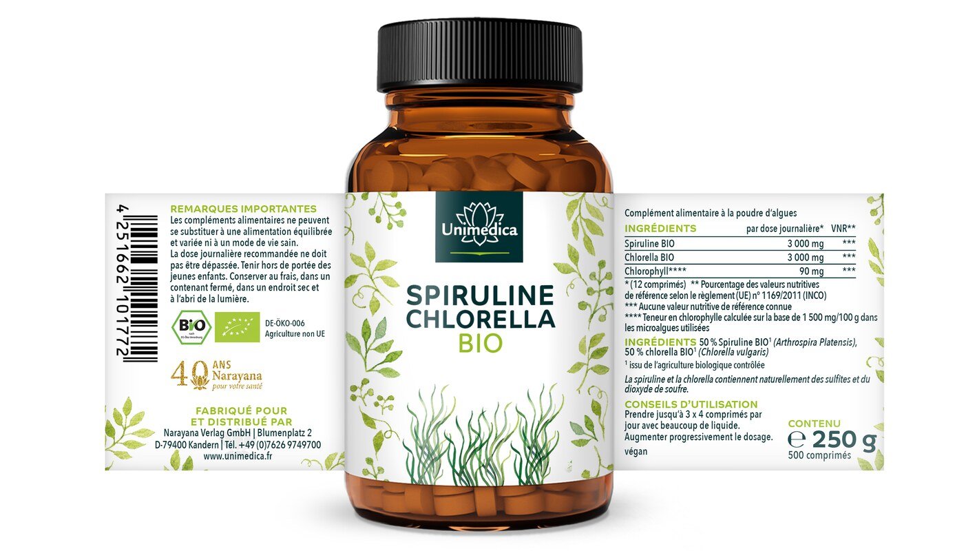Lot de 2: Spiruline BIO et chlorella BIO  3 000 mg - 1:1 - 2 x 500 comprimés - Unimedica