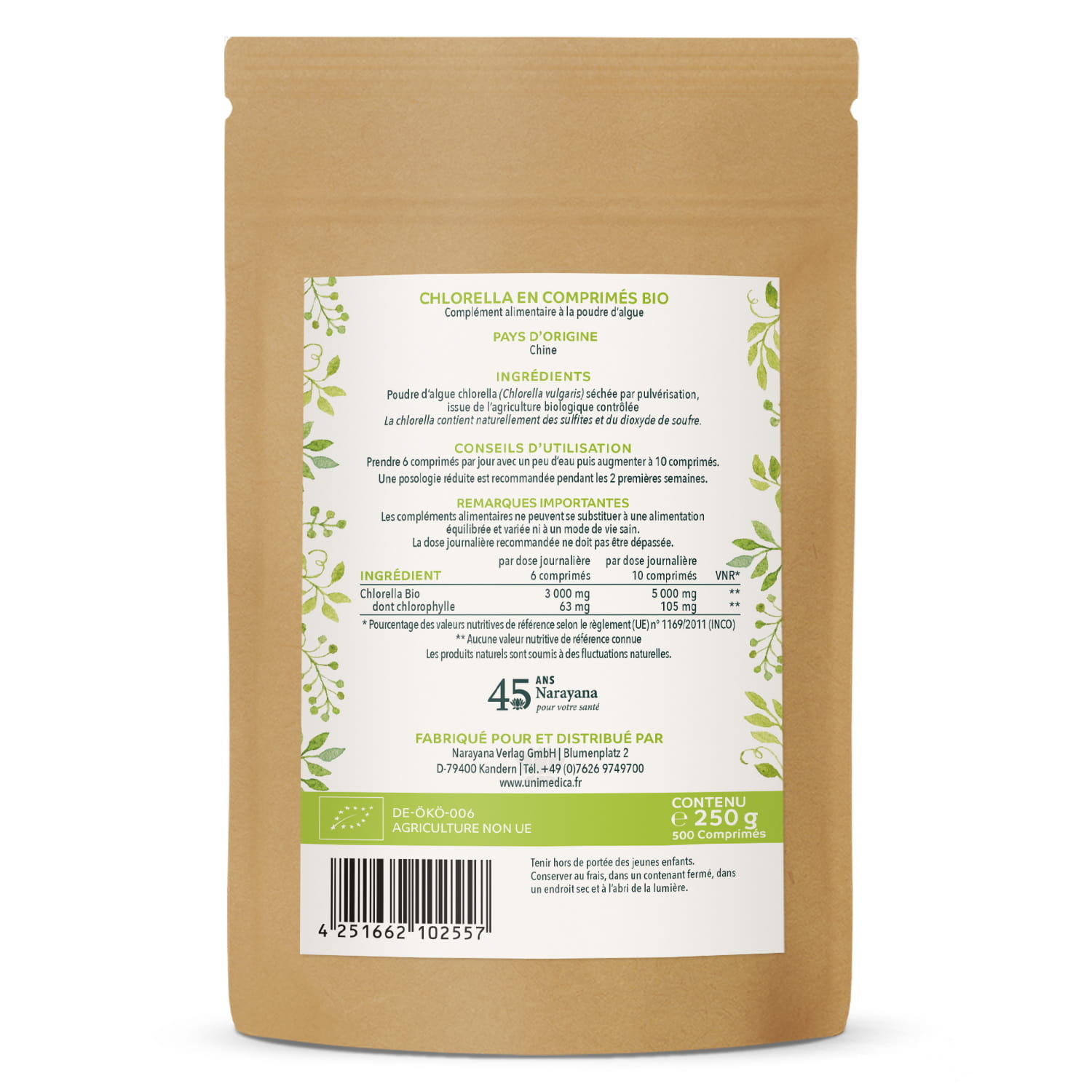 Lot de 5: Chlorella bio en comprimés - 5 x 500 mg - par Unimedica