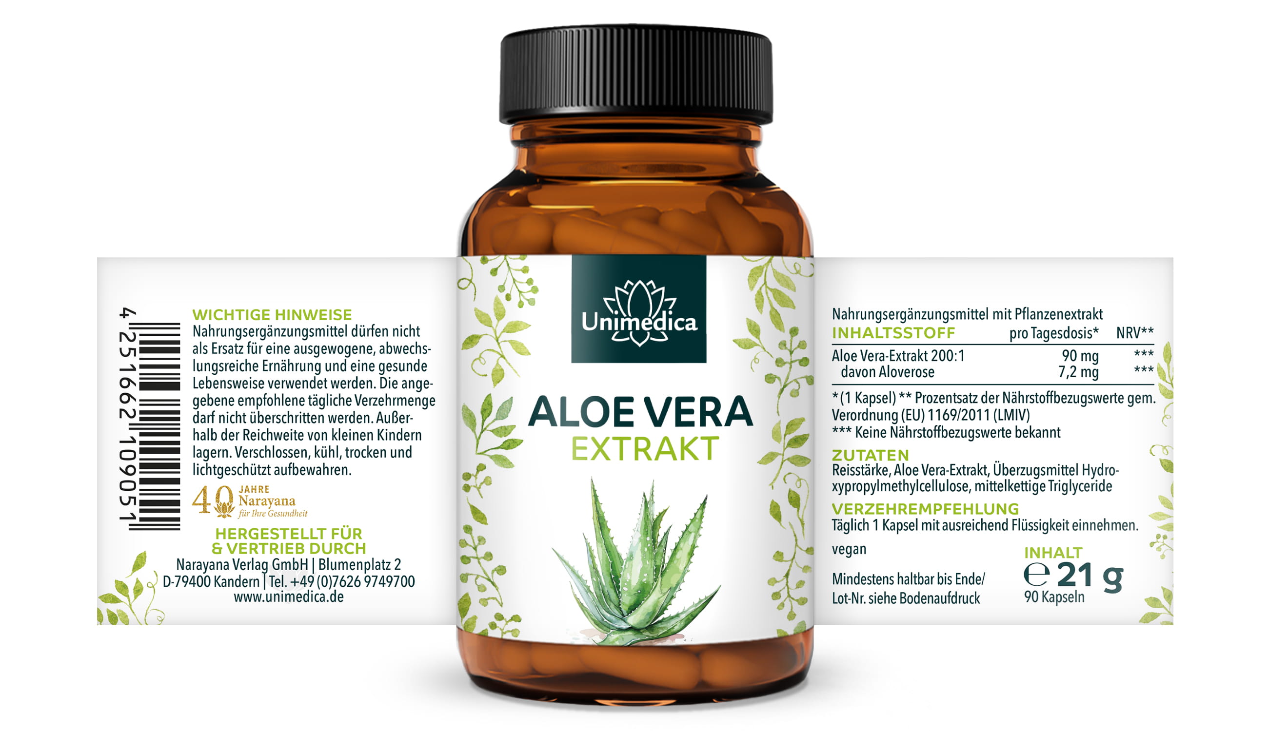 Aloe Vera Extrakt Kapseln - 90 Kapseln - von Unimedica