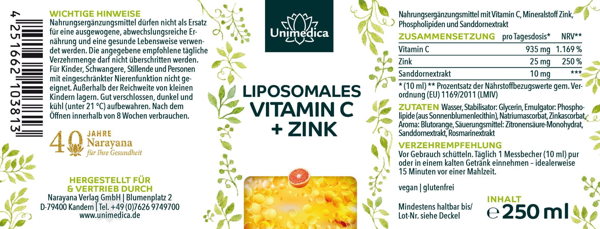 Liposomales Vitamin C + Zink - 935 mg Vitamin C und 25 mg Zink pro Tagesdosis (10 ml) - 250 ml - von Unimedica