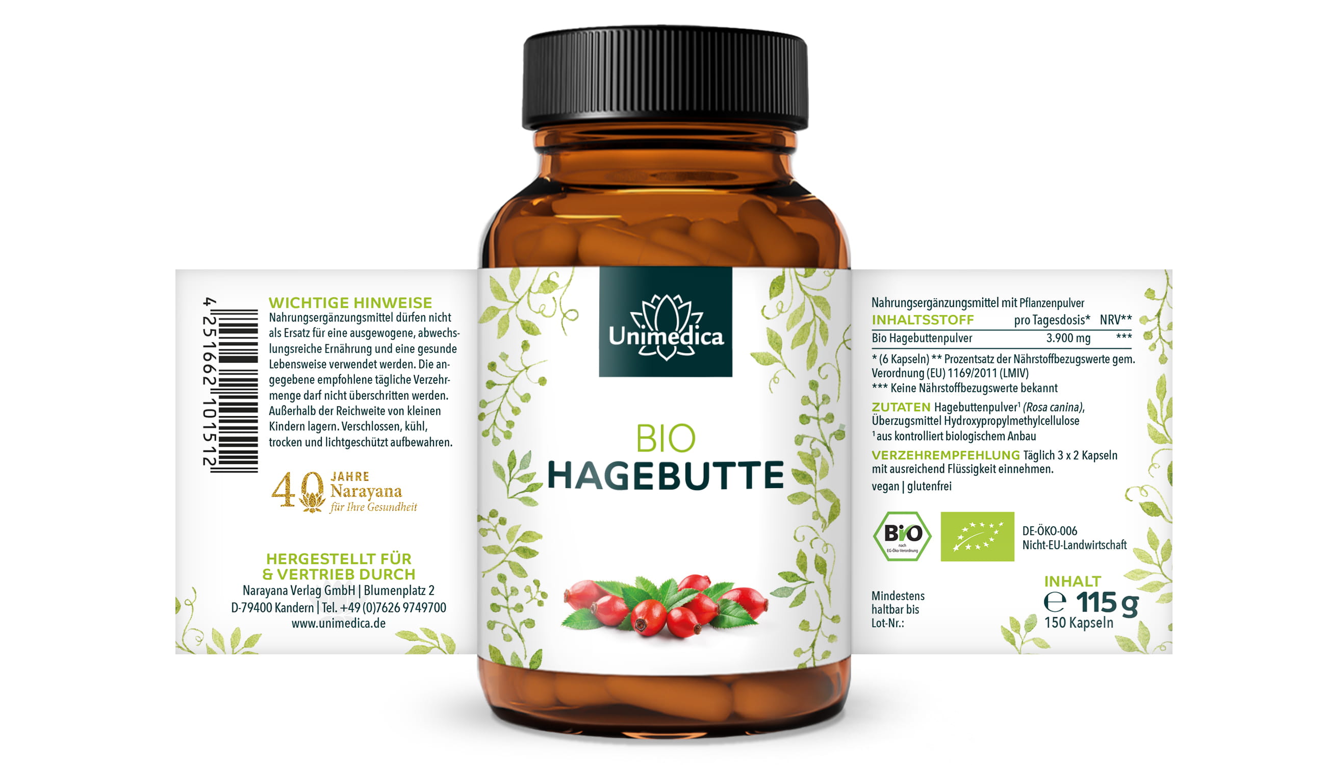 2er-Sparset: Bio Hagebutten - 3900 mg pro Tagesdosis (3 x 2 Kapseln) - 150 Kapseln - von Unimedica