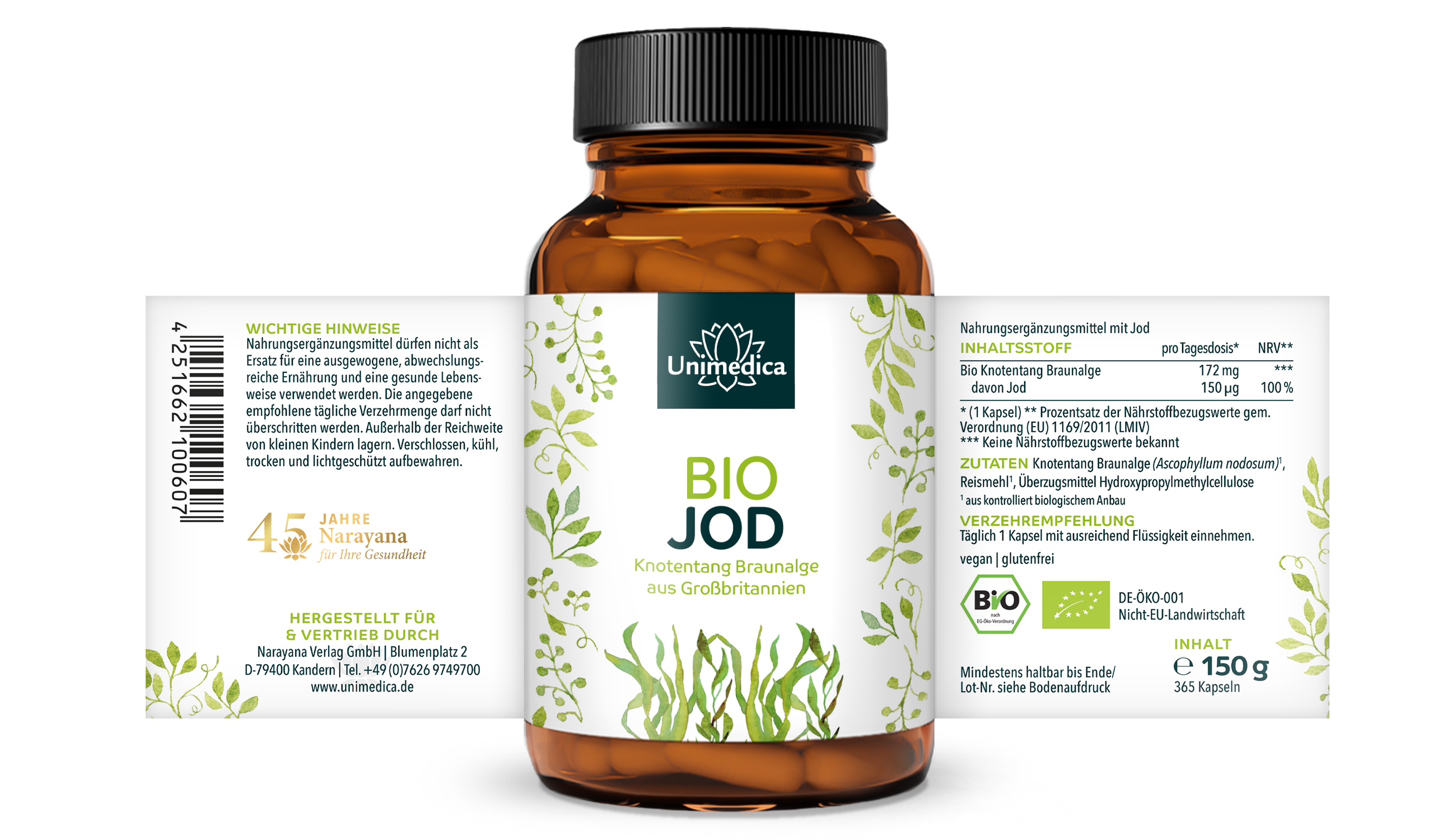 2er-Sparset: Bio Jod Kapseln - 150 µg natürliches Jod aus Knotentang Braunalgen - 2 x 365 Kapseln - von Unimedica