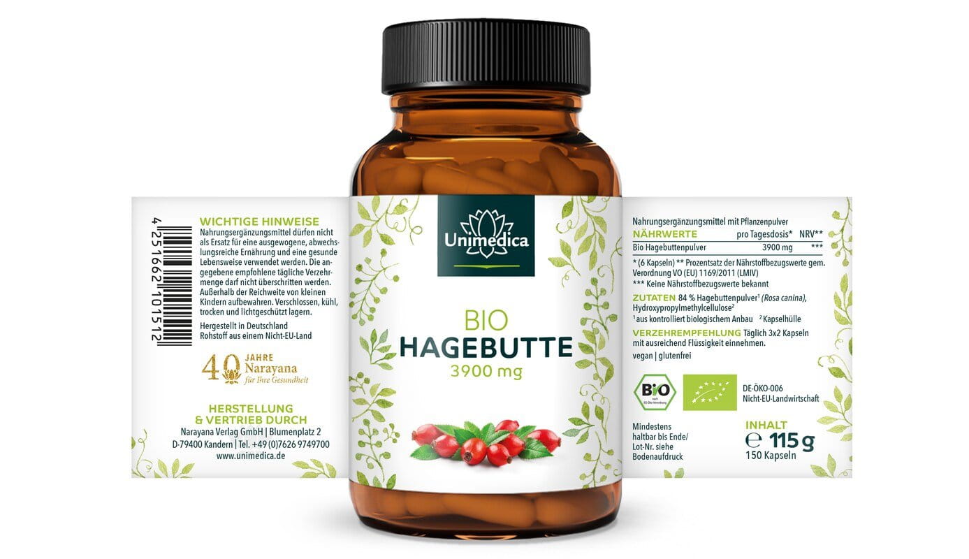 Bio Hagebutten - 3900 mg pro Tagesdosis (3 x 2 Kapseln) - 150 Kapseln - von Unimedica