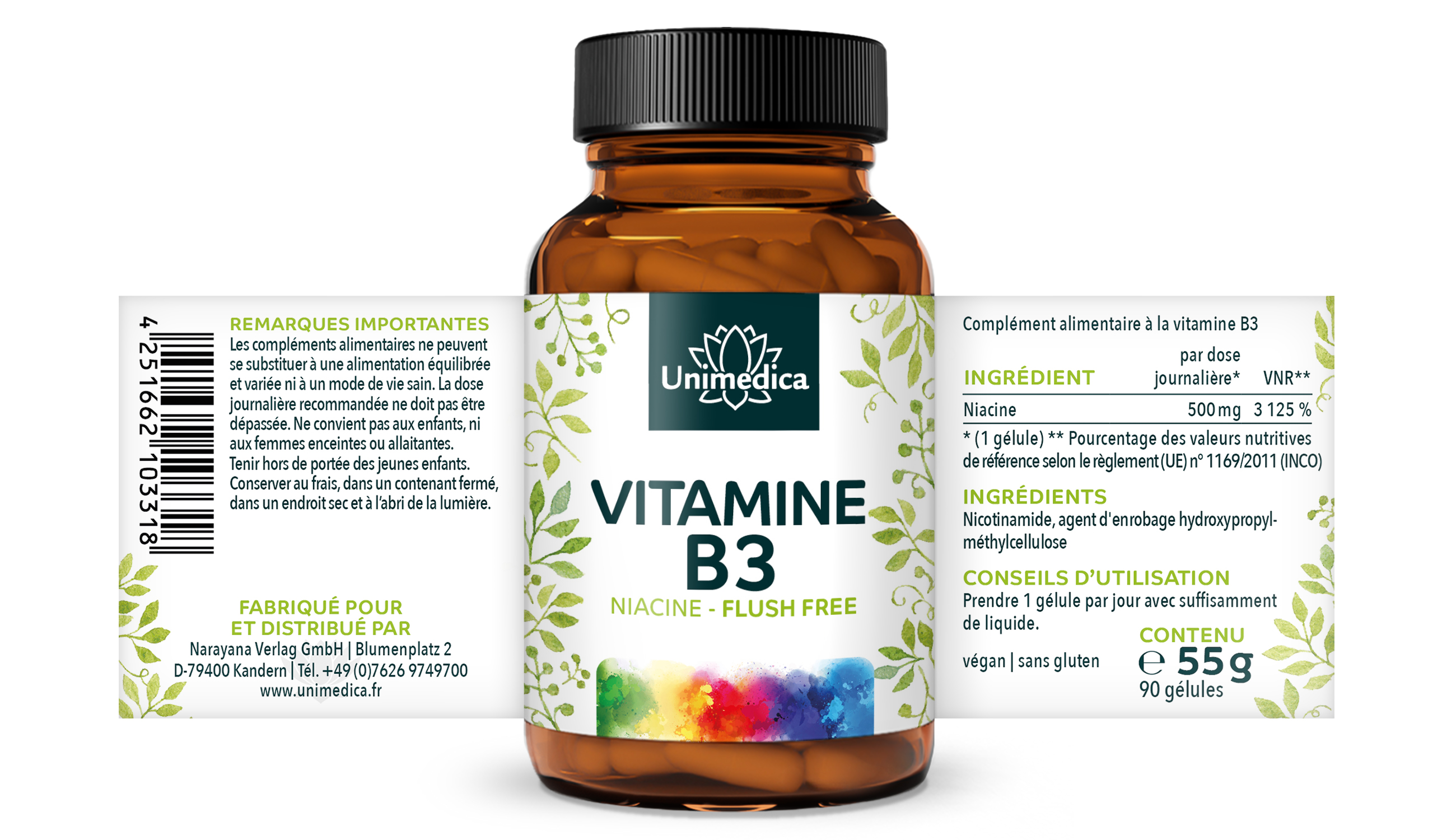 Lot de 2: Vitamine B3 niacine « Flush Free » - 500 mg par dose quotidienne (1 gélule) - 2 x 90 gélules - par Unimedica