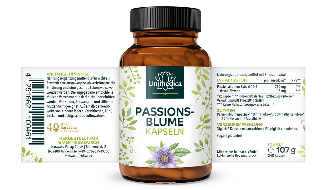 Passionsblume - 750 mg pro Tagesdosis (2 Kapseln) - 240 Kapseln - von Unimedica