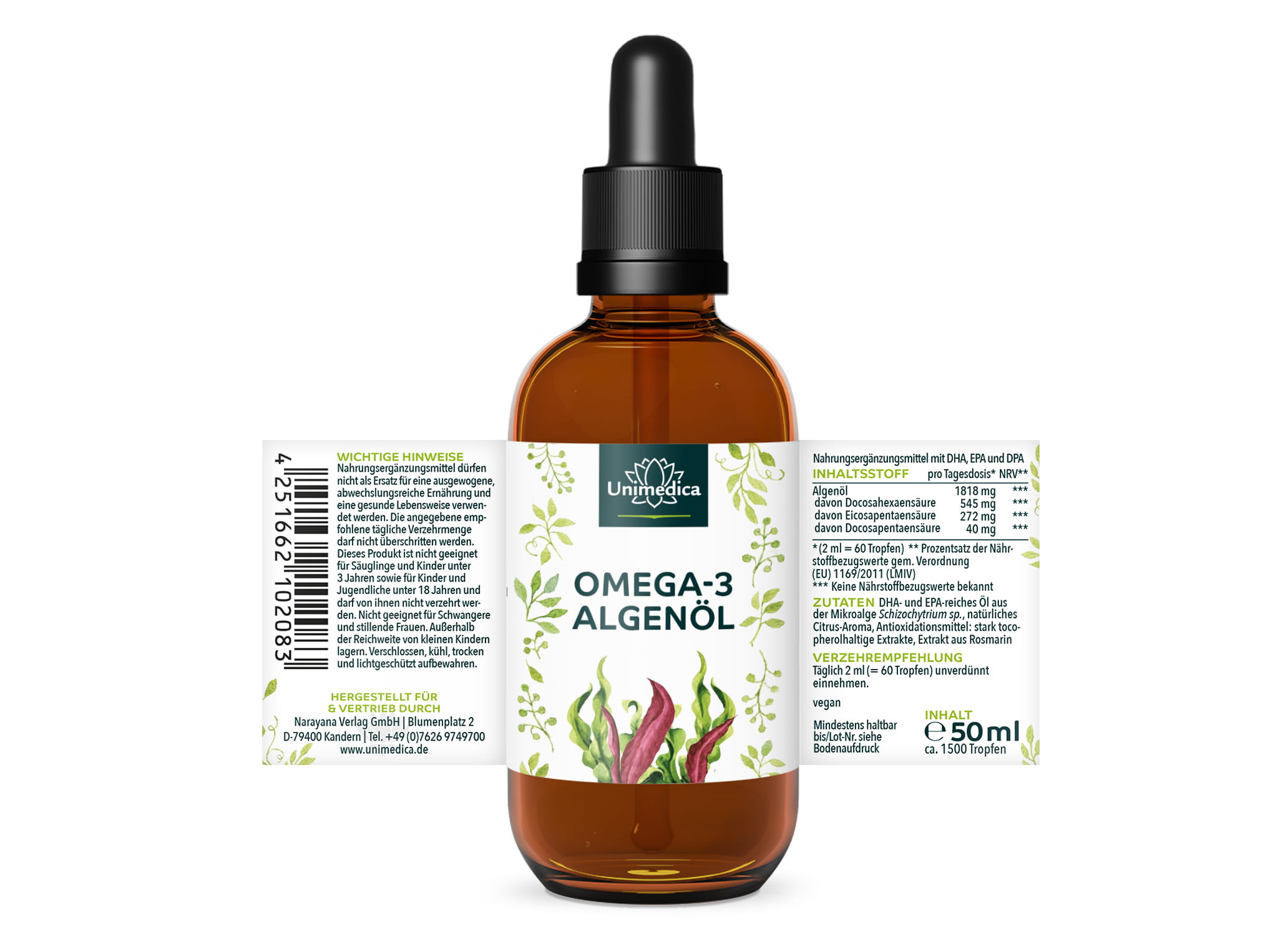 Sparset: Vegan Komplett - Eisen Bisglycinat 40 mg mit 40 mg Vitamin C UND Vitamin B12 mit Folat - 180 Tabletten UND Vegane Omega 3 Algenöl Tropfen mit DHA, EPA und DPA - 50 ml - von Unimedica