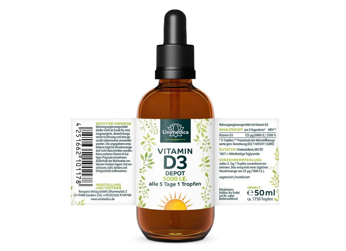 Vitamin D3 Tropfen - 5.000 I.E. - DEPOT - 125 µg pro 5-Tagesdosis (1 Tropfen) - hochdosiert - 50 ml - von Unimedica