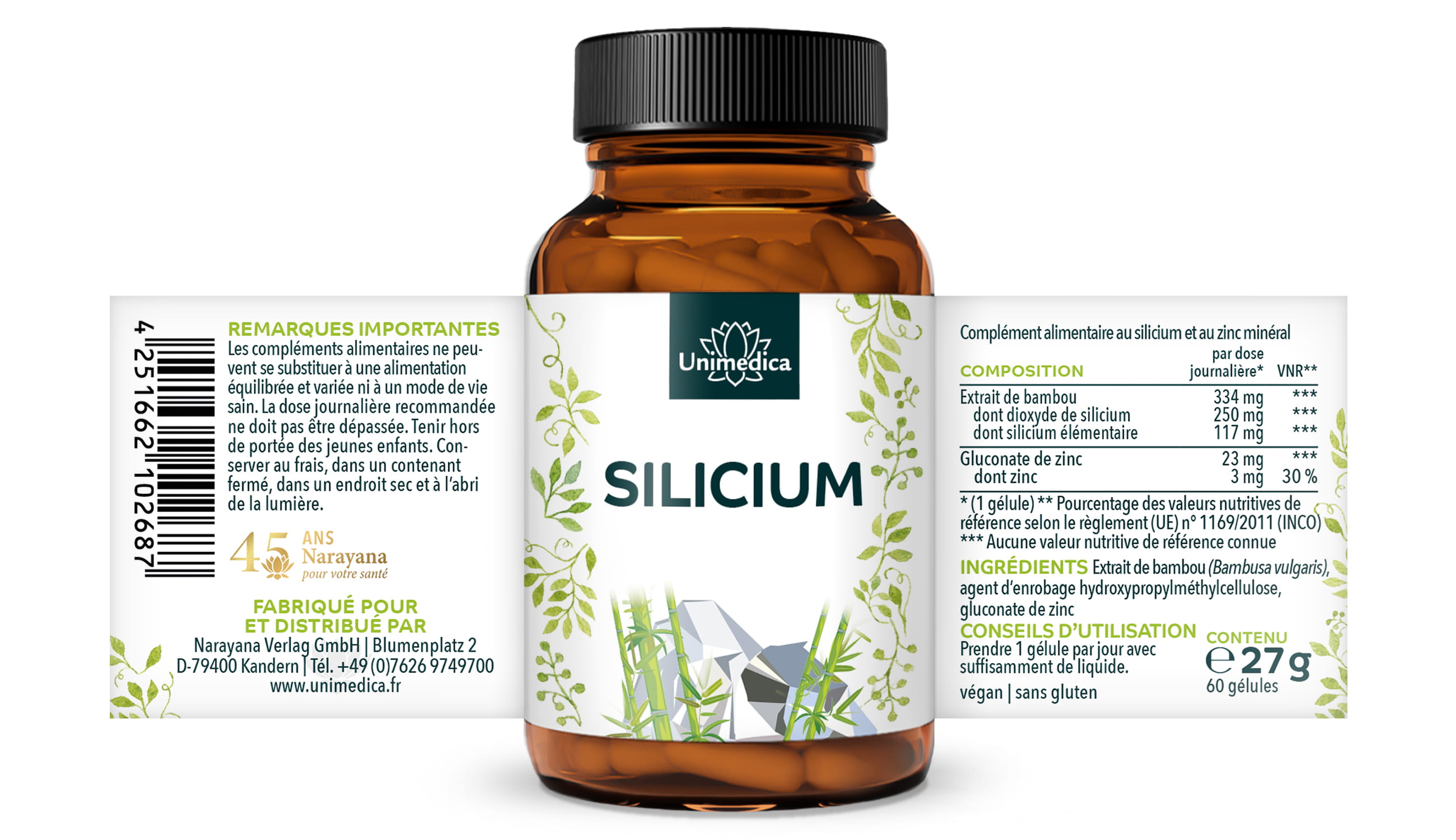 2er-Sparset: Silizium aus Bambusextrakt mit Zink - 250 mg Silizium pro Tagesdosis (1 Kapsel) - 2 x 60 Kapseln - von Unimedica