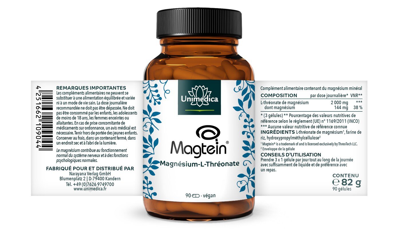 L-thréonate de magnésium - Magtein® - 144 mg de magnésium par dose quotidienne (3 gélules) - 90 gélules - par Unimedica