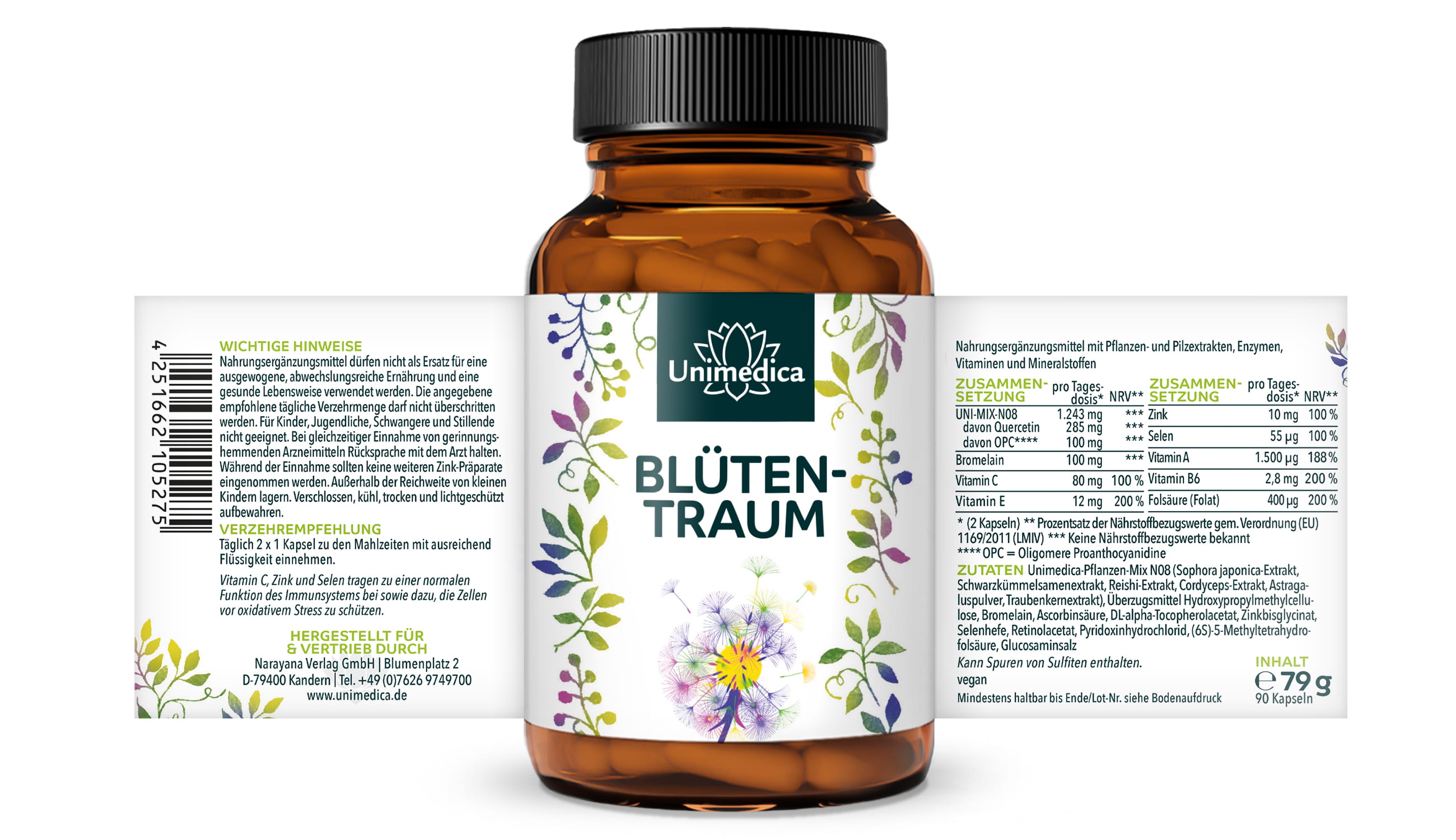 Blütentraum - Komplex mit Quercetin, Schwarzkümmelsamen-Extrakt, Kurkuma, Zink und Vitaminen - 90 Kapseln - von Unimedica