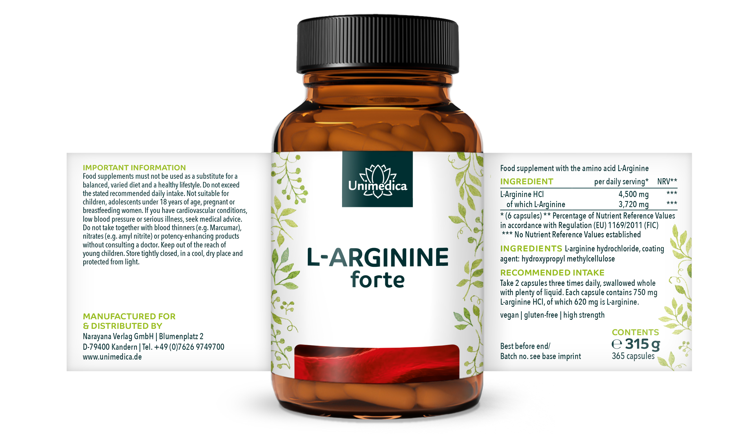 L-Arginine forte - 3720 mg per daily dose (6 capsules)  from natural fermentation - high-dose - vegan - 365 capsules - from Unimedica