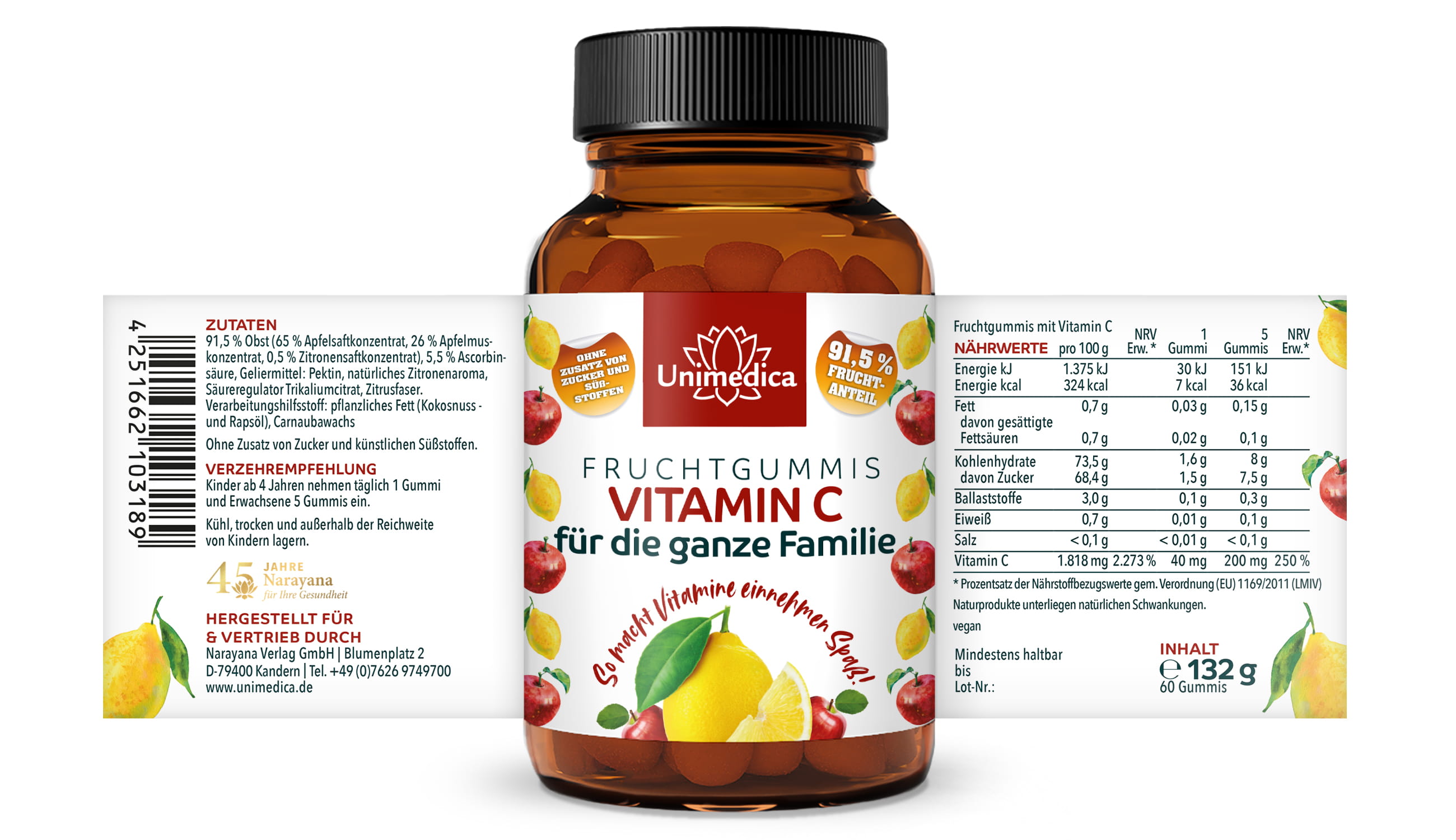 Vitamin C Fruchtgummis für die ganze Familie - mit 91,5 % Fruchtanteil - 60 Gummis - von Unimedica