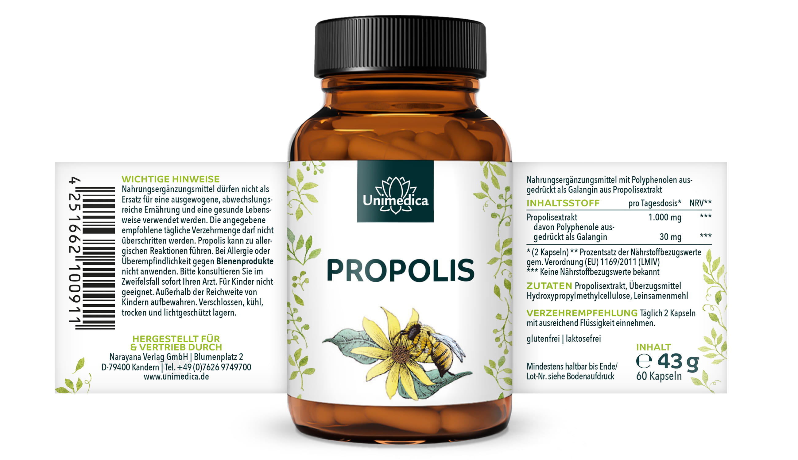 Propolis Kapseln - 1.000 mg Propolisextrakt pro Tagesdosis (2 Kapseln) - 60 Kapseln - von Unimedica