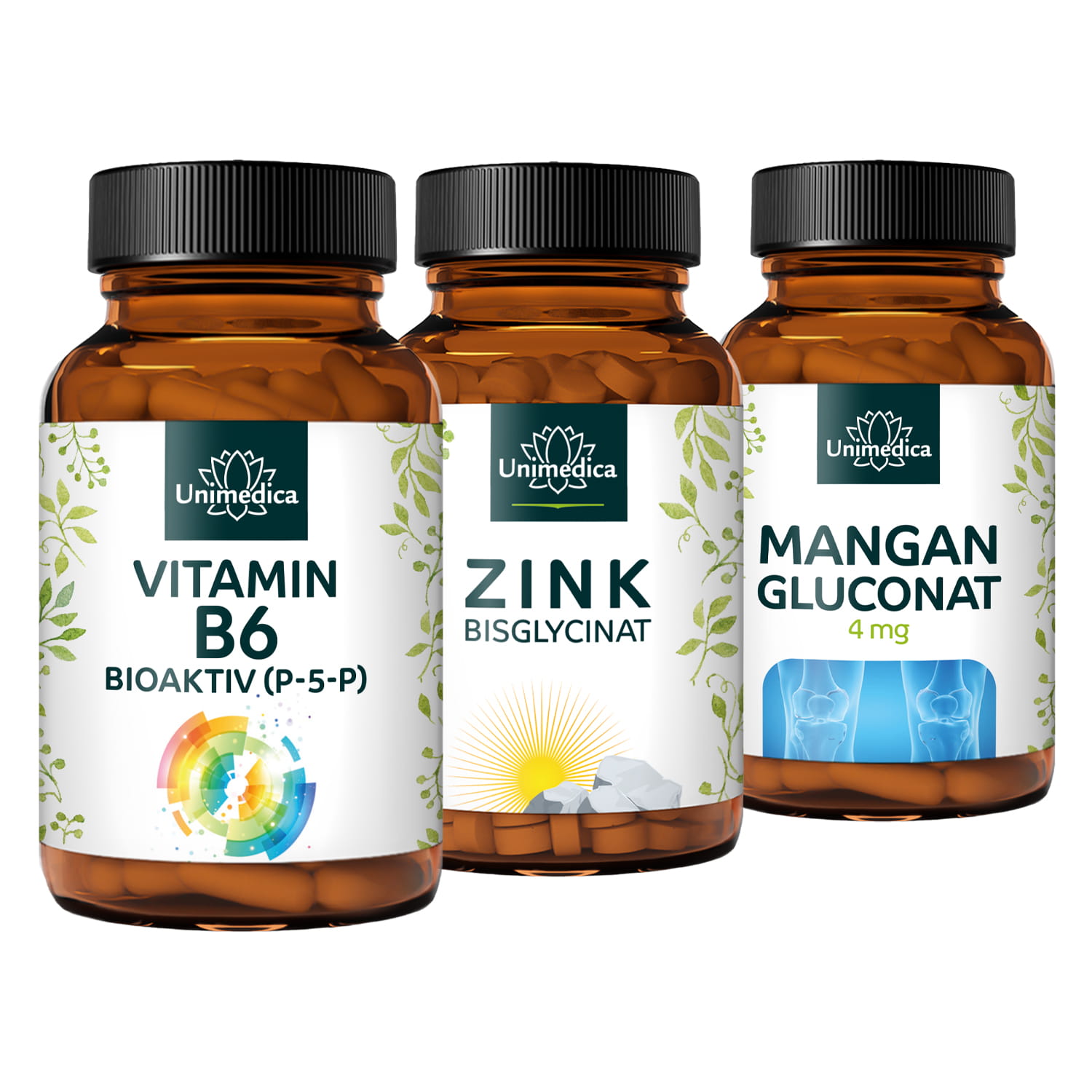 3er-Sparset: Vitamin B6 BIOAKTIV + Zink Bisglycinat + Mangan - 120 Kapseln + 365 Tabletten + 90 Kapseln