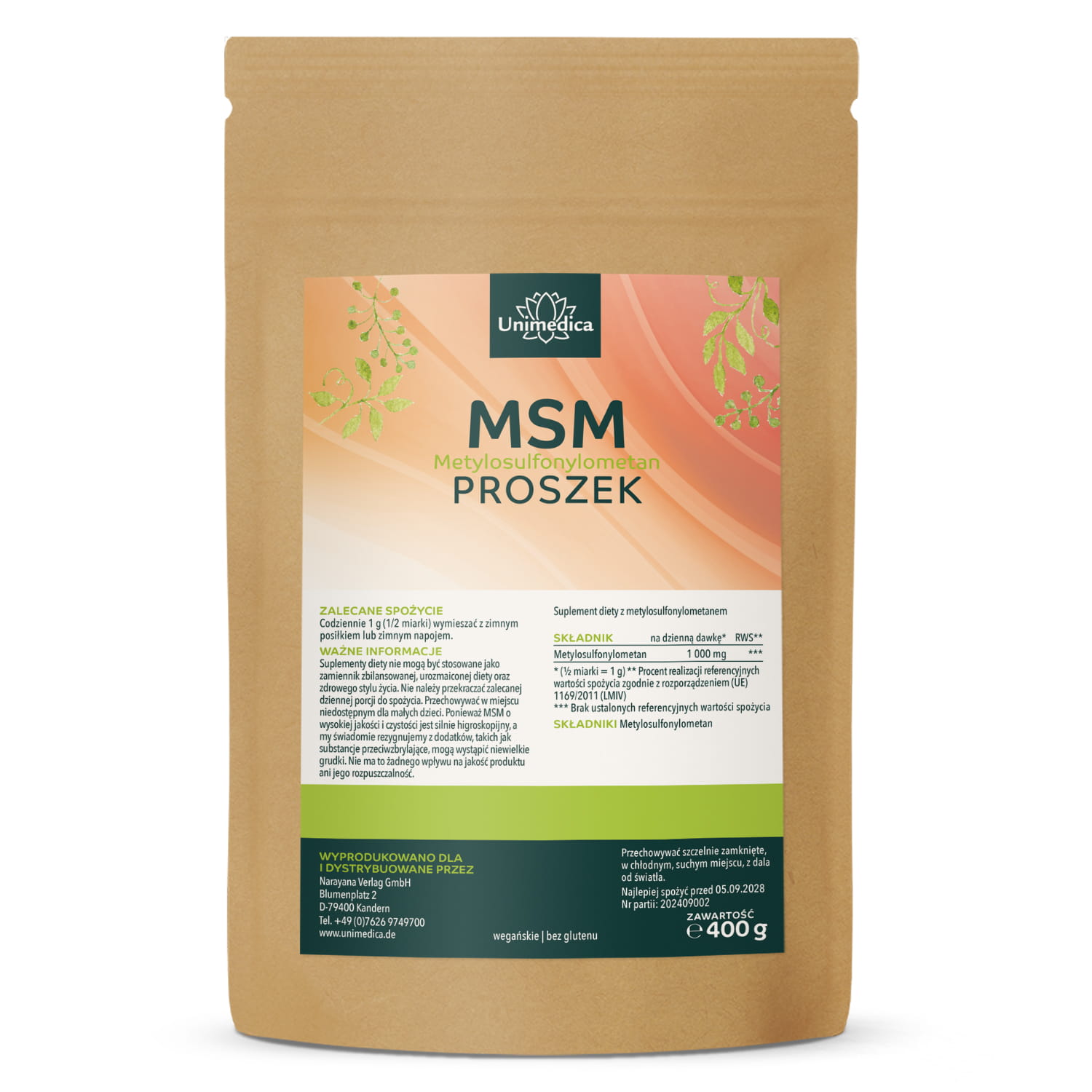 MSM proszek 400 g czystość 99% - 1 000 mg na dzienną dawkę (½ miarki) - od Unimedica