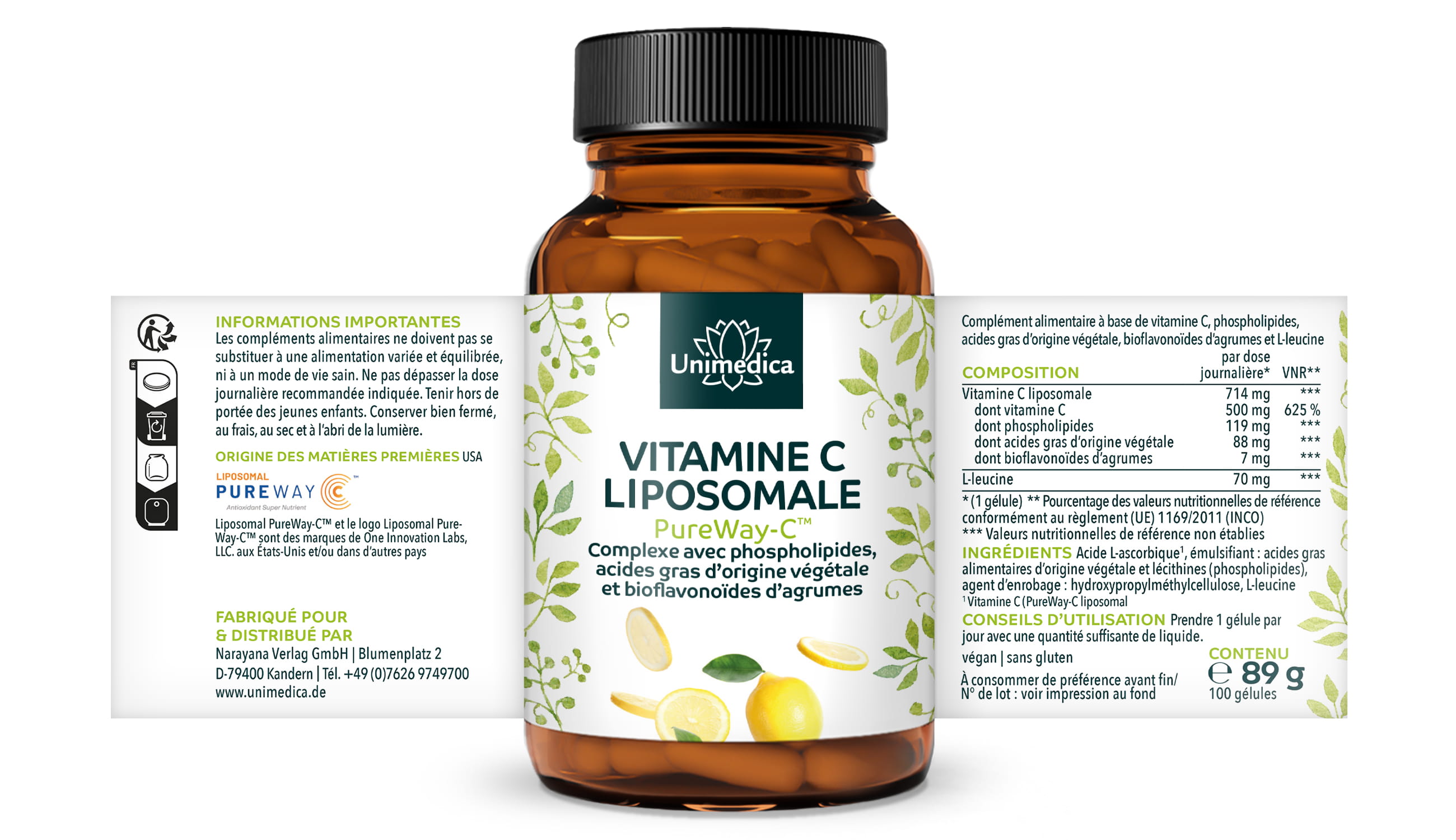 Vitamine C liposomale - PureWay-C™ - 500 mg de vitamine C par dose journalière - 100 gélules - par Unimedica