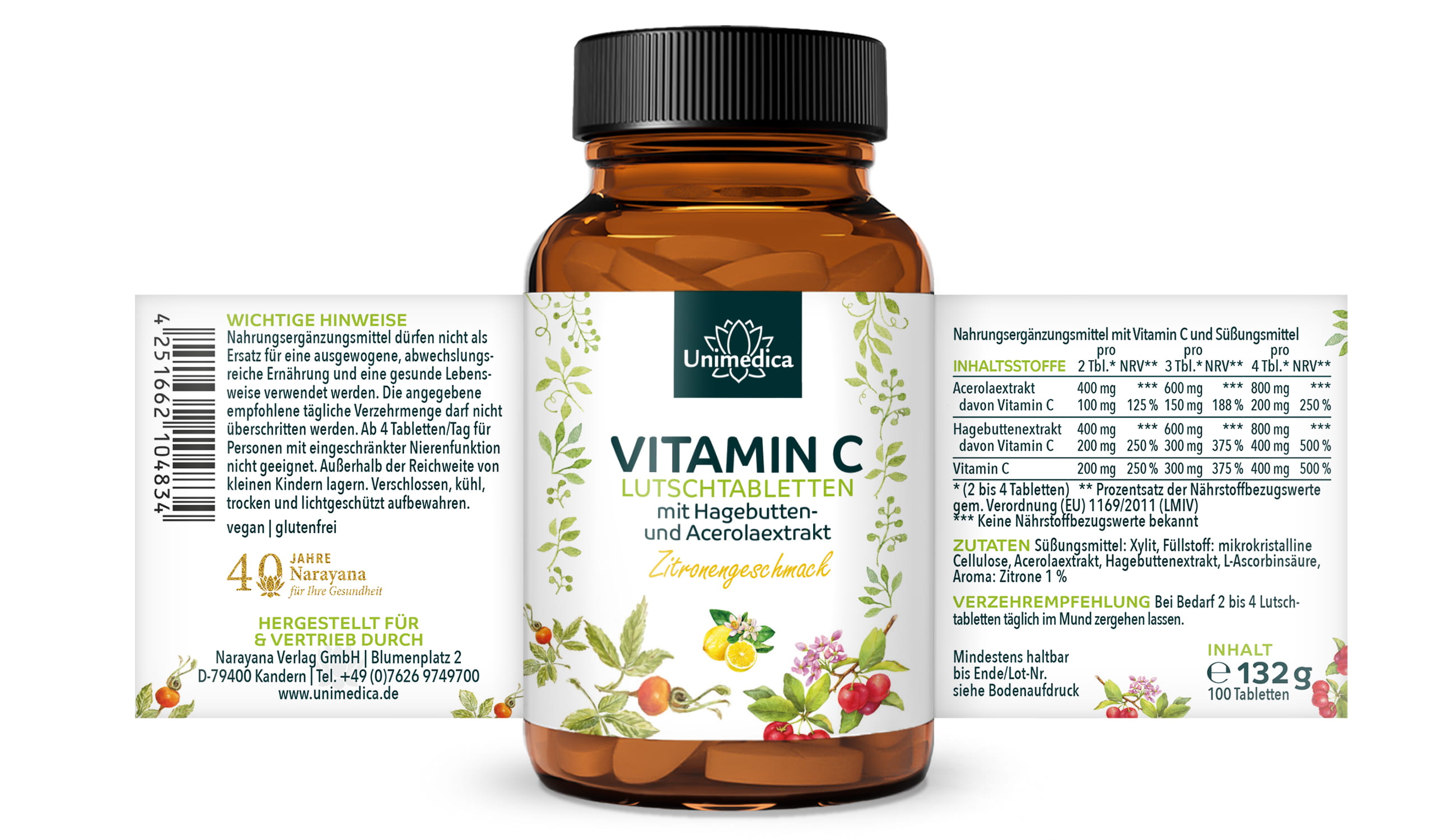 Vitamin C Lutschtabletten - mit Hagebutten- und Acerolaextrakt - 250 mg Vitamin C pro Tablette - Zitronengeschmack - 100 Lutschtabletten - von Unimedica