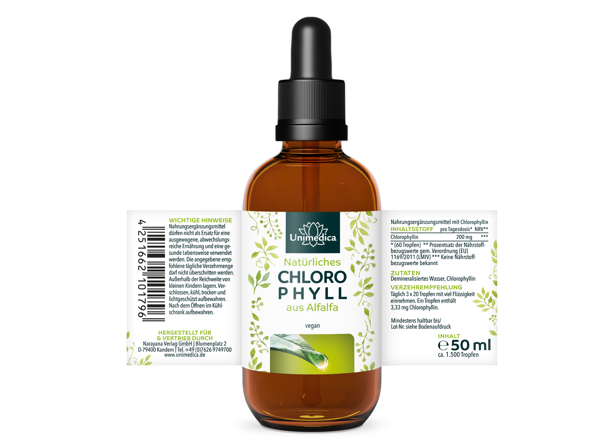 Chlorophyll Tropfen - aus Alfalfa - 200 mg pro Tagesdosis (3 x 20 Tropfen) - 50 ml - von Unimedica