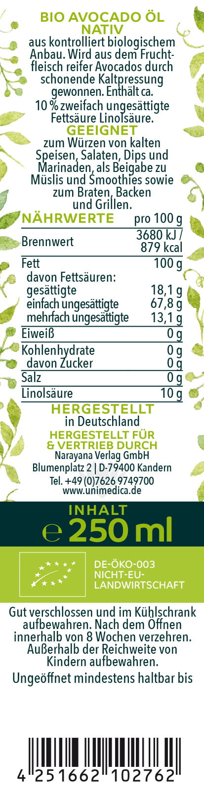 Bio Avocadoöl nativ - 250 ml - von Unimedica