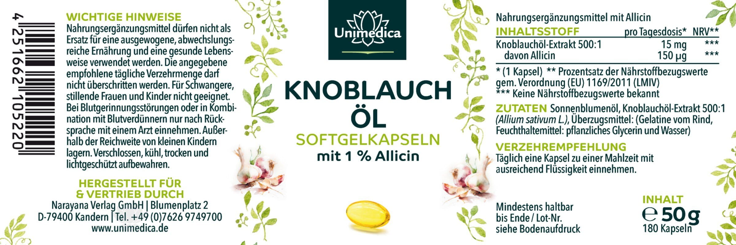 Knoblauchöl Softgelkapseln - 500 : 1 konzentriert - 15 mg Knoblauchöl-Extrakt pro Tagesdosis (1 Kapsel) - 180 Kapseln - von Unimedica