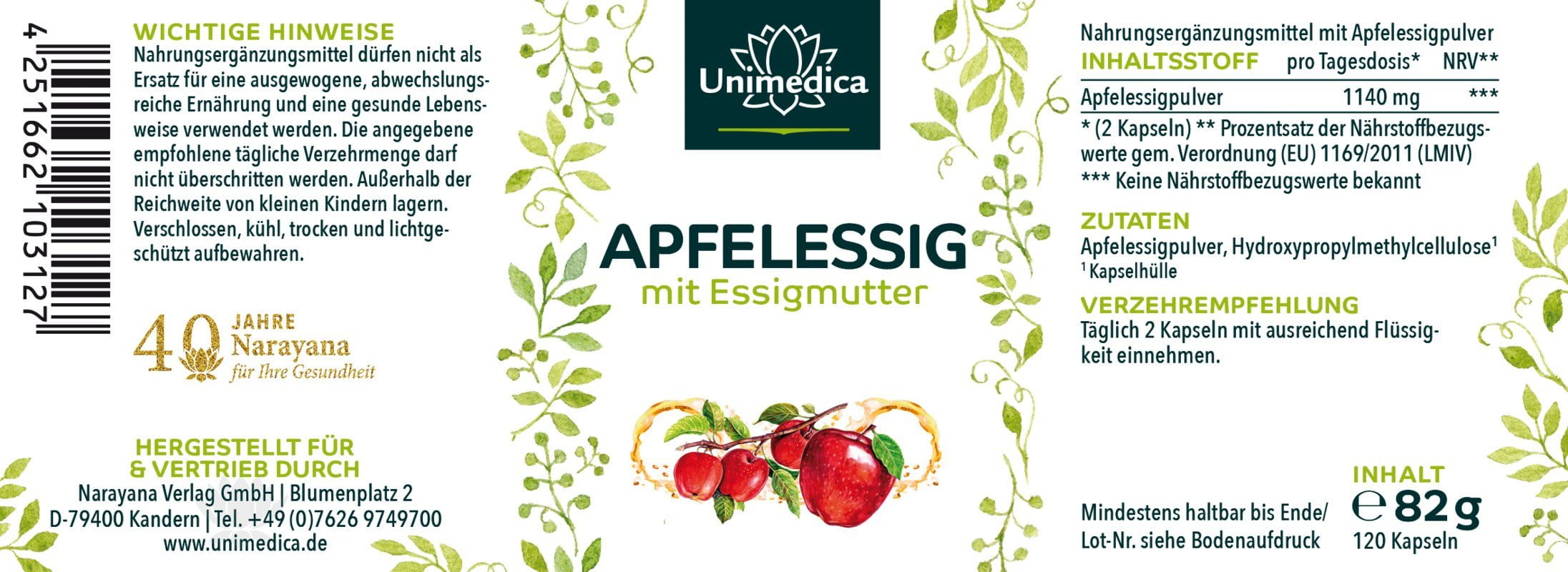 2er-Sparset: Apfelessig mit Essigmutter - 1140 mg Apfelessigpulver pro Tagesdosis (2 Kapseln) - 2 x 120 Kapseln - von Unimedica